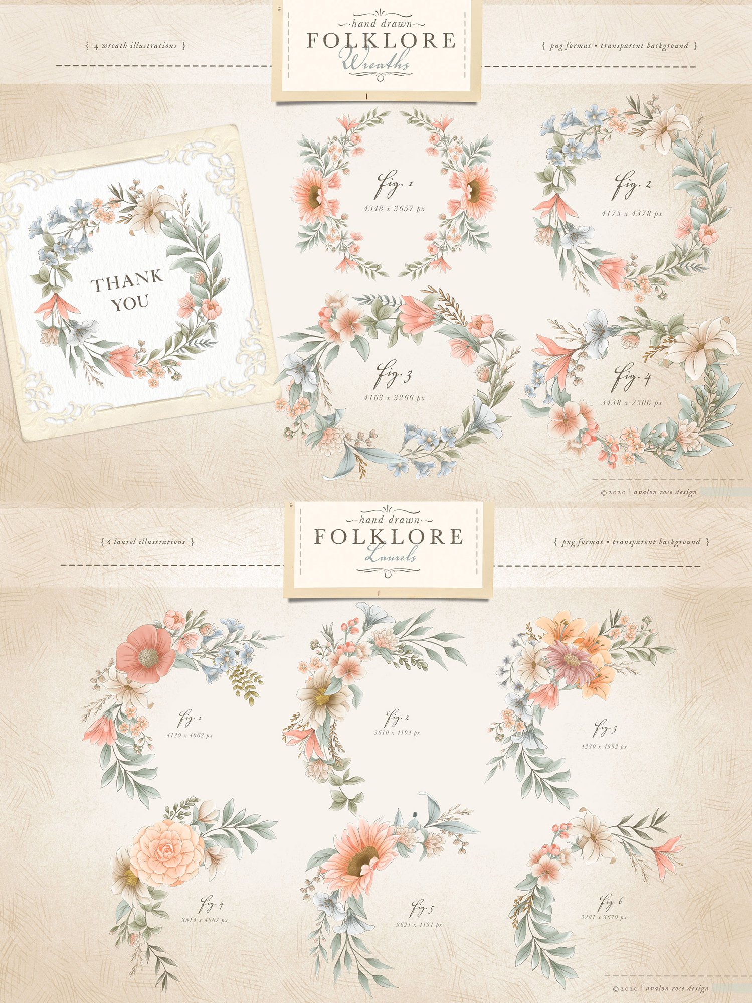 hand drawn folklore clip art and patterns vintage-inspired hand drawn flower illustrations in pinks, cream, coral and blue