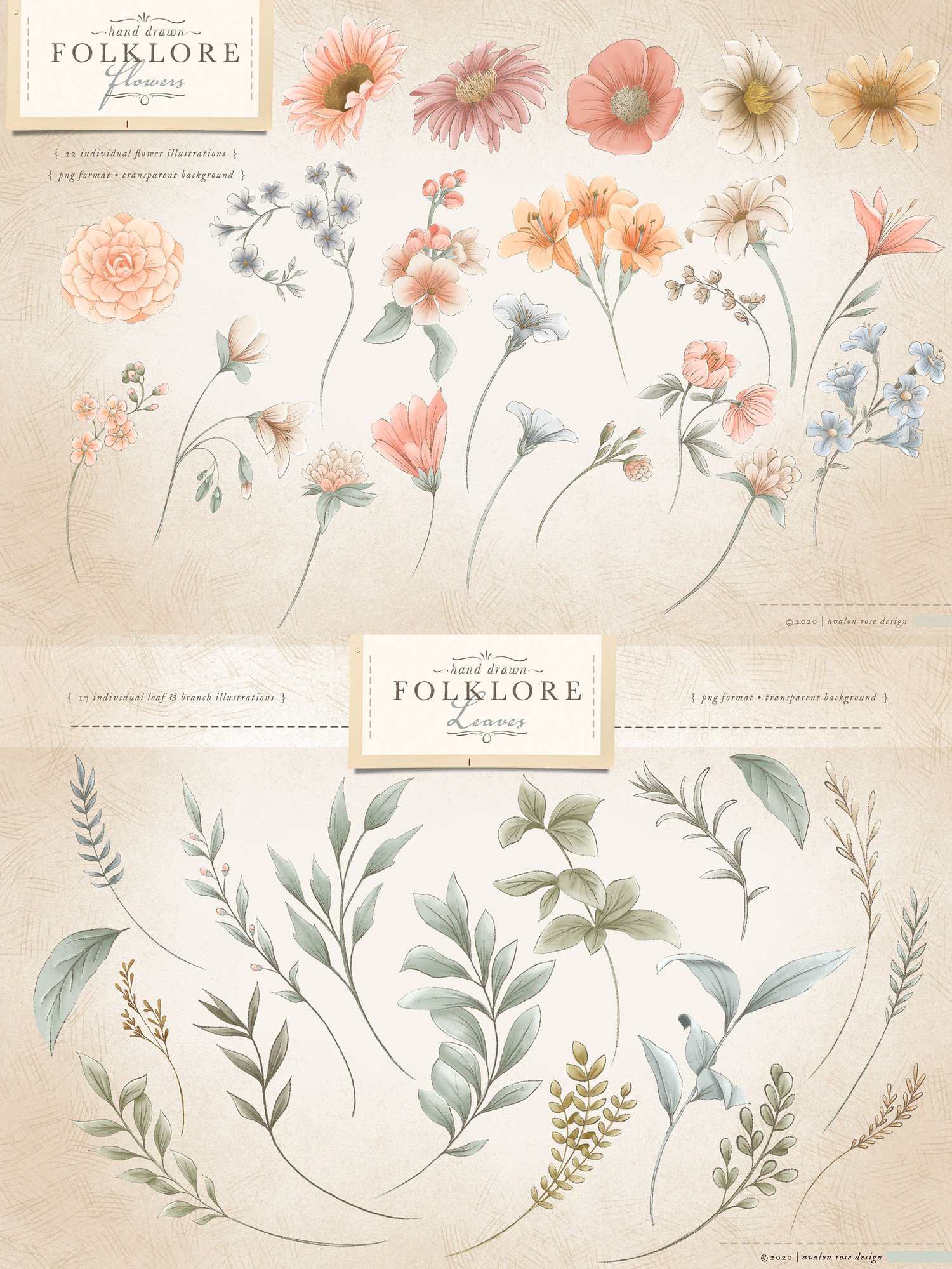 hand drawn folklore clip art and patterns vintage-inspired hand drawn flower illustrations in pinks, cream, coral and blue