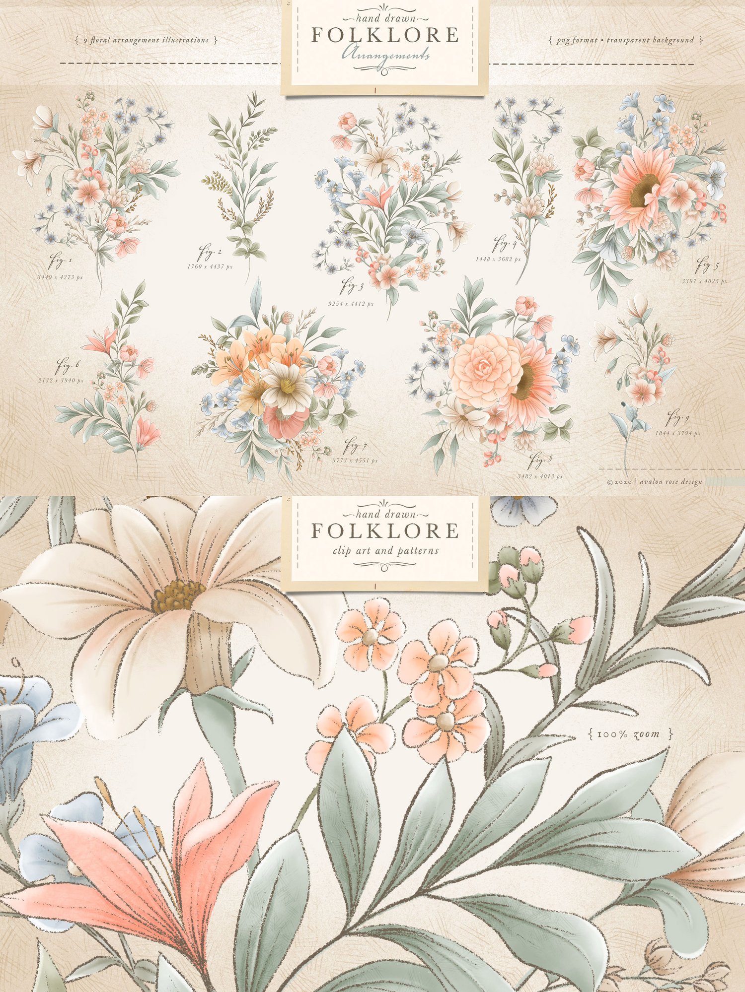 hand drawn folklore clip art and patterns vintage-inspired hand drawn flower illustrations in pinks, cream, coral and blue