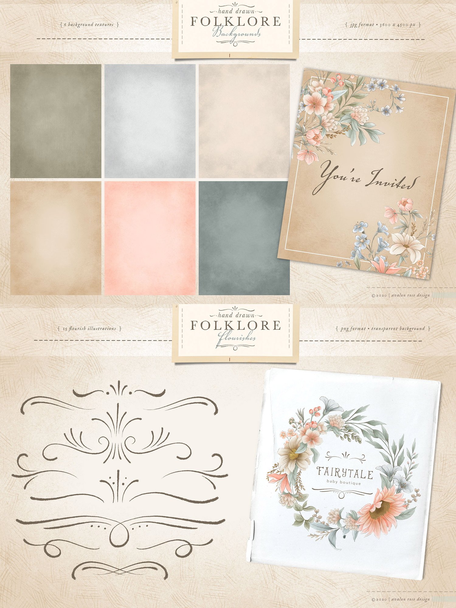 hand drawn folklore clip art and patterns vintage-inspired hand drawn flower illustrations in pinks, cream, coral and blue