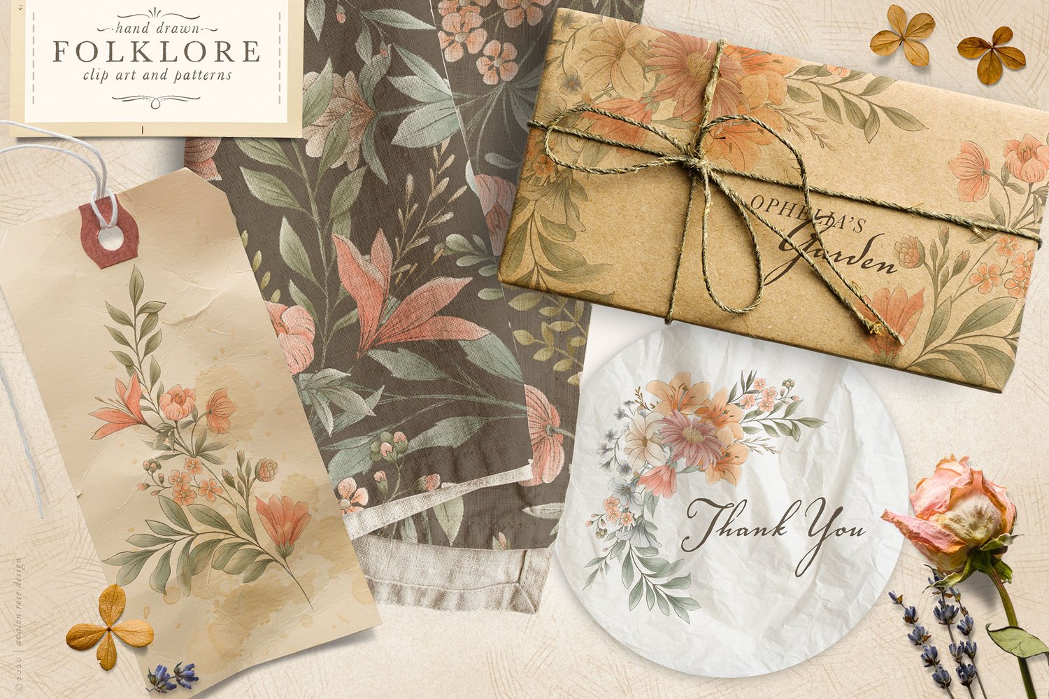 hand drawn folklore clip art and patterns vintage-inspired hand drawn flower illustrations in pinks, cream, coral and blue