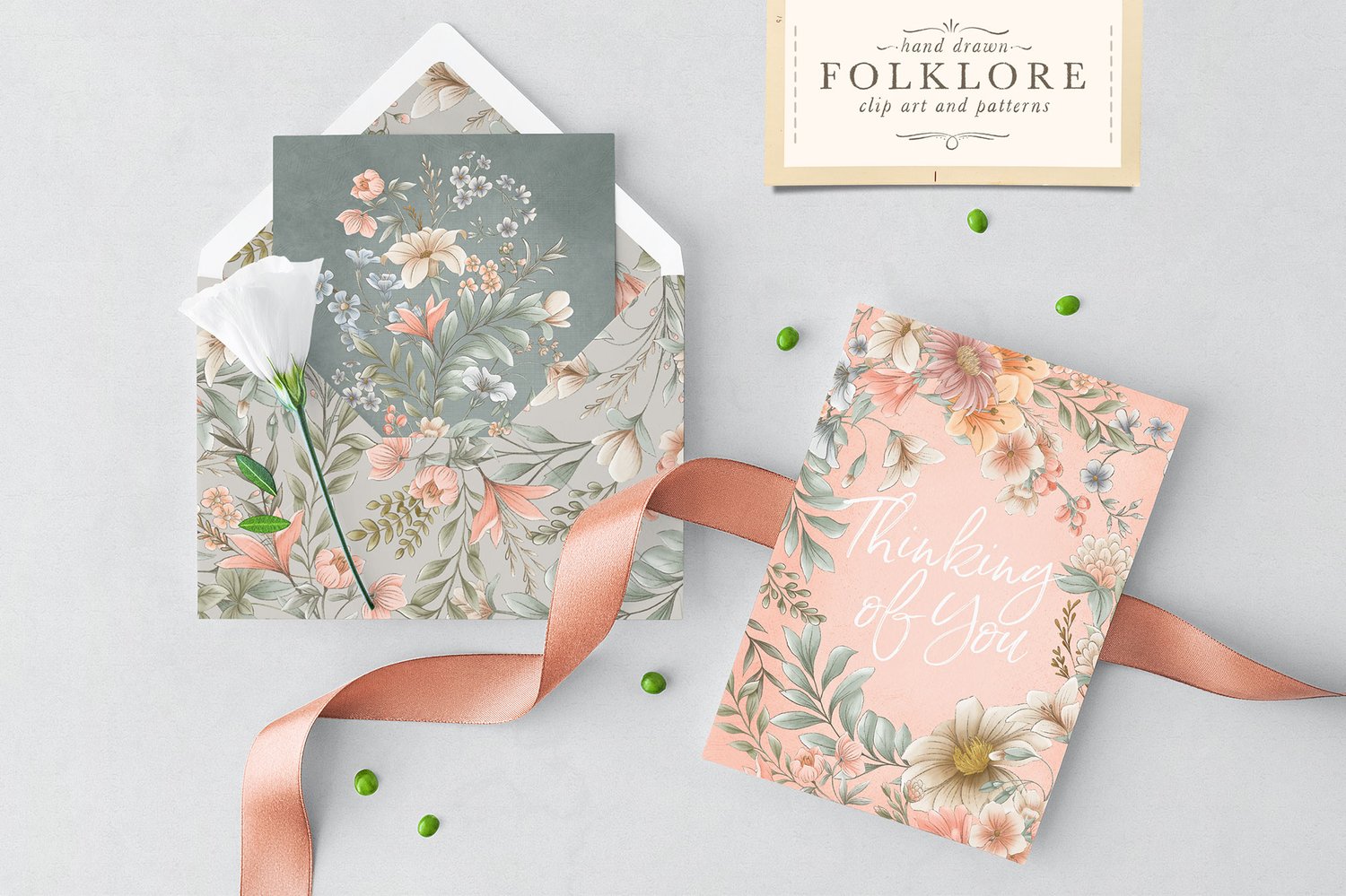 hand drawn folklore clip art and patterns vintage-inspired hand drawn flower illustrations in pinks, cream, coral and blue