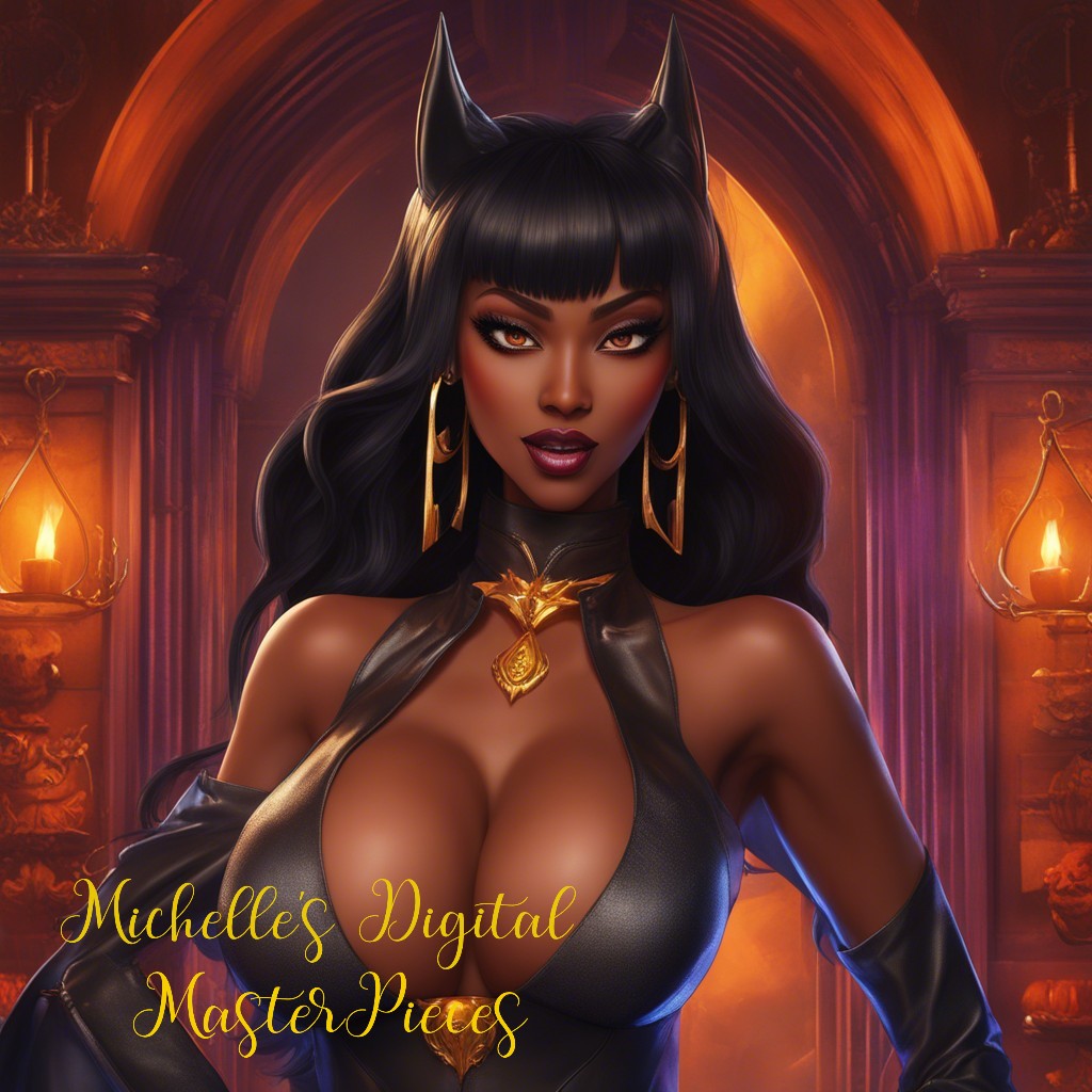 Michelle's artwork: 3D Halloween African American vampire in black leather halter-top, emphasizing bust, with captivating hazel eyes.