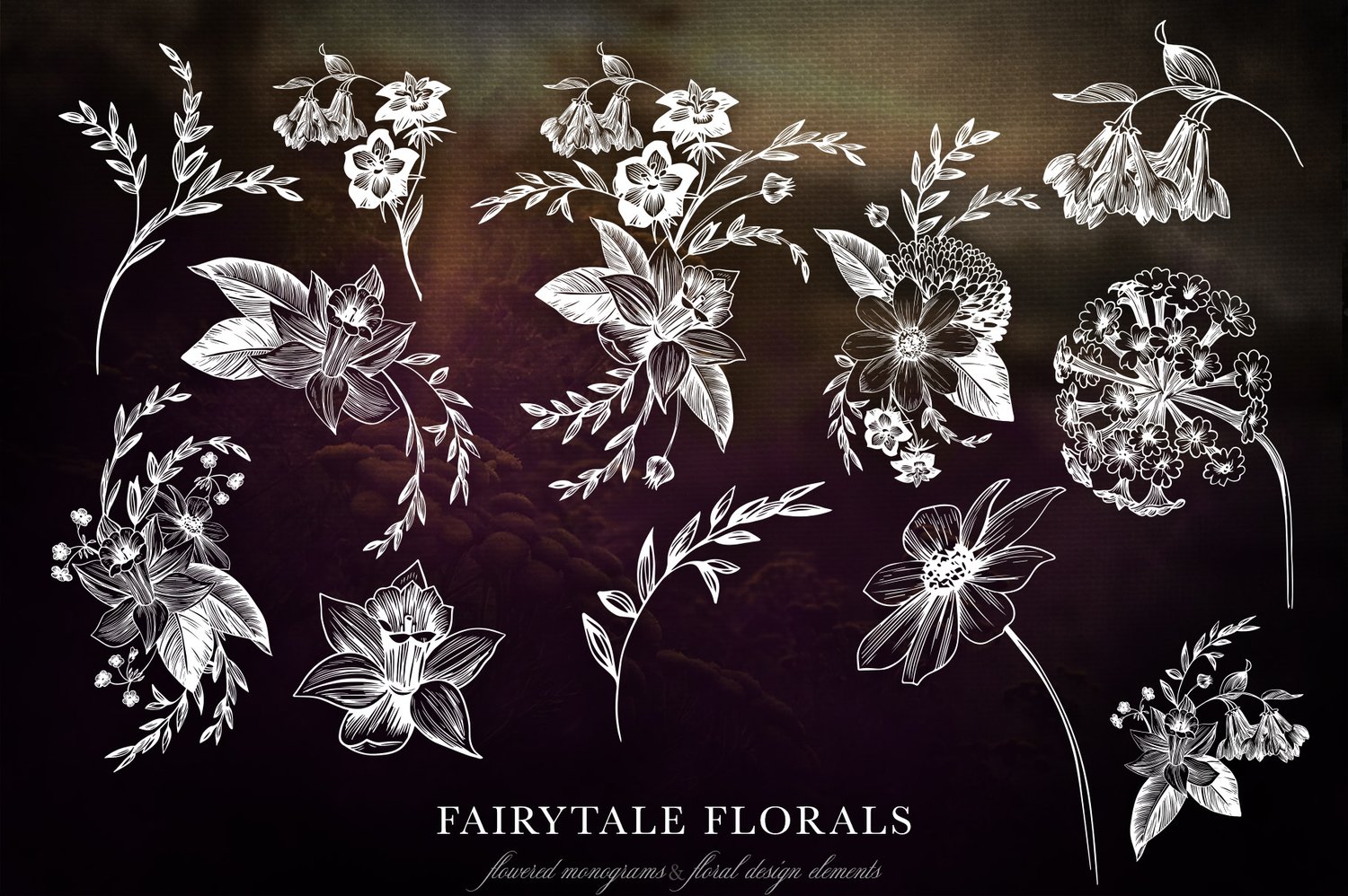 Fairytale Floral Monogram set hand-drawn set of flowered monograms and floral design elements