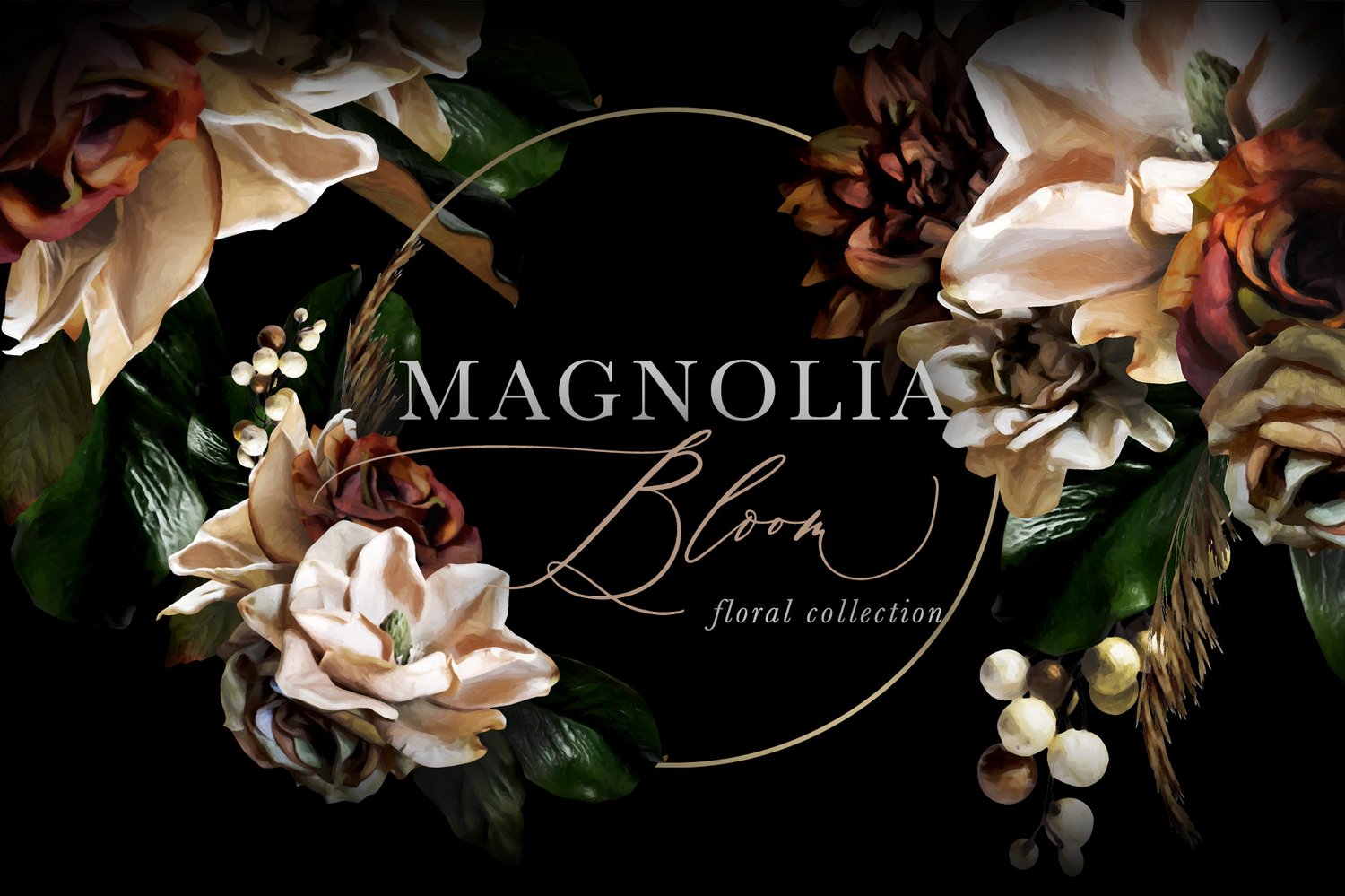 Magnolia bloom floral graphics Beautiful painted magnolia flowers and leaves as well as roses