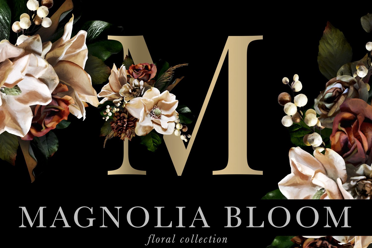 Magnolia bloom floral graphics Beautiful painted magnolia flowers and leaves as well as roses