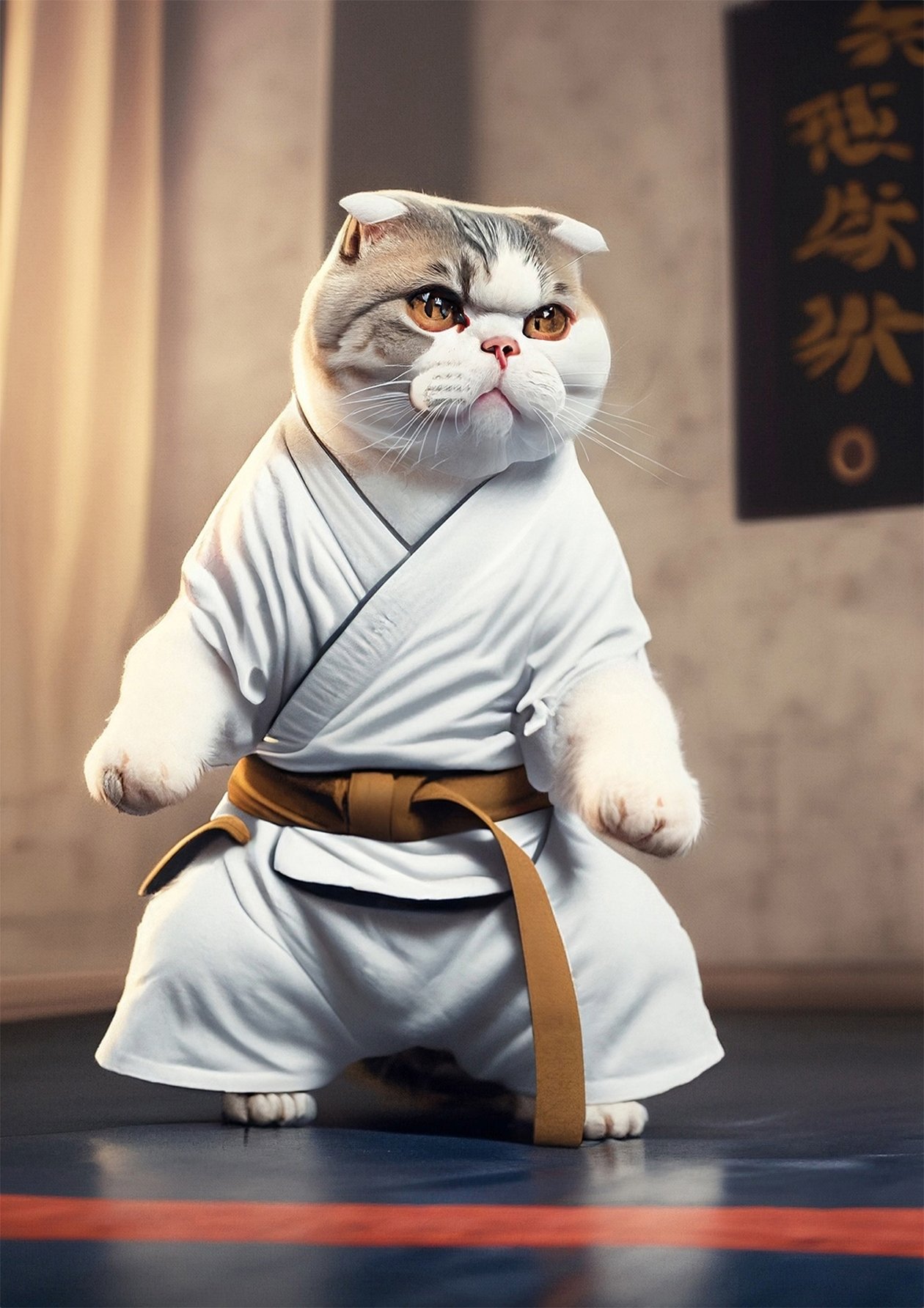 A Scottish Fold named Whiskers trains relentlessly, mastering martial arts to conquer the UFC ring, surprising all with feline prowess. #UFCWhiskers