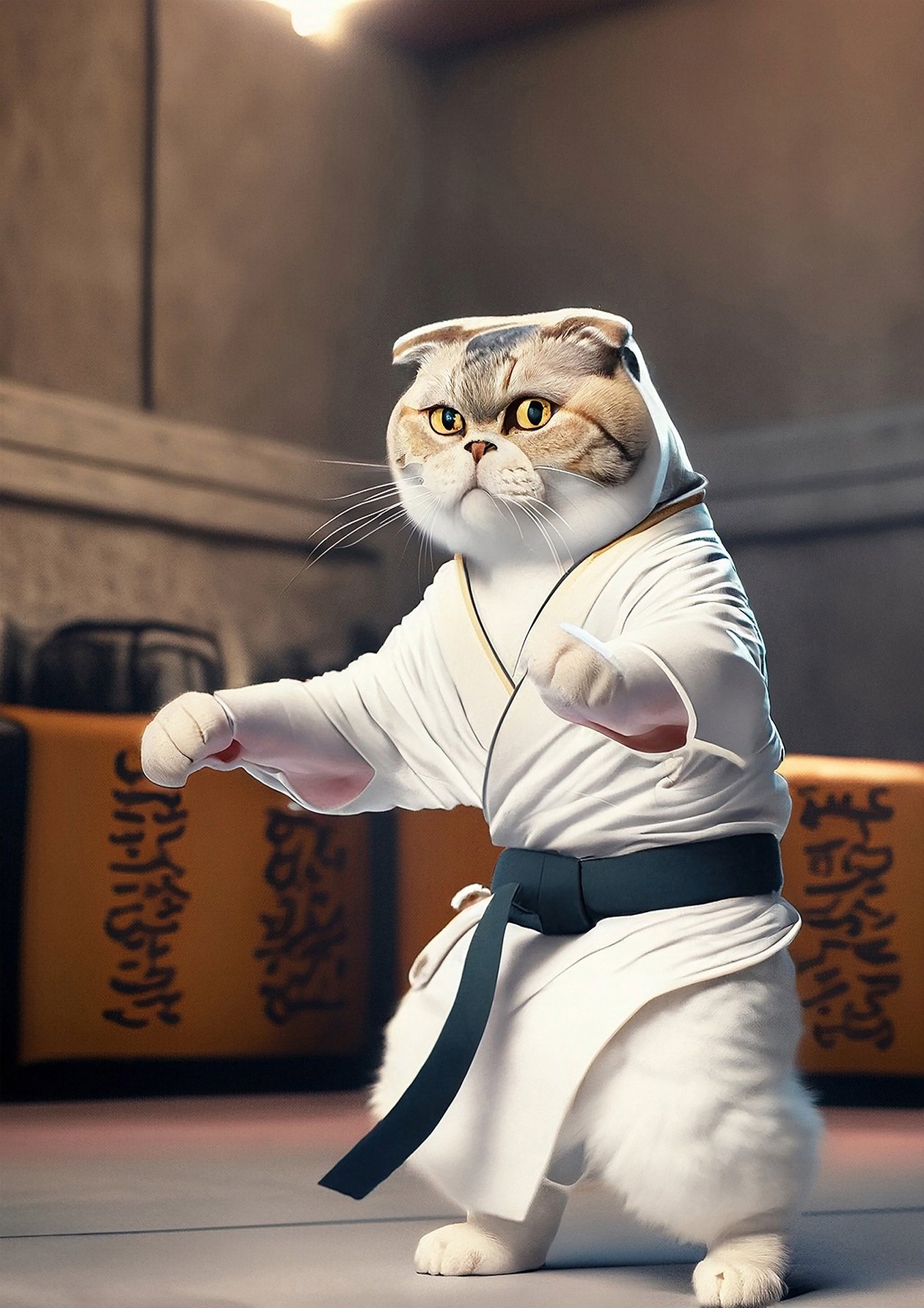 A Scottish Fold named Finn trains relentlessly in martial arts, aspiring to conquer the UFC ring. His determination knows no bounds. #MartialArtsFinn