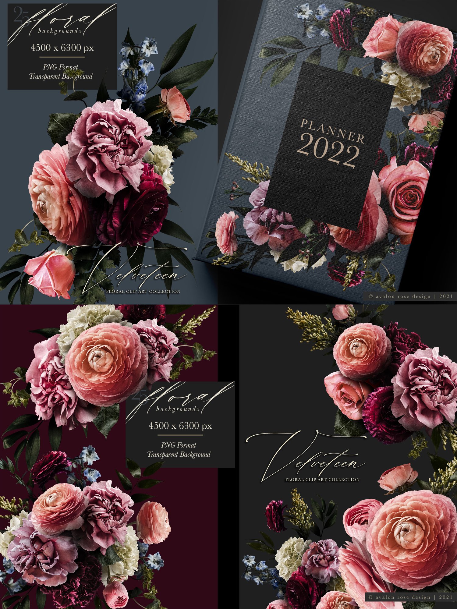 velveteen floral graphics Pink, burgundy, purple, and white flowers