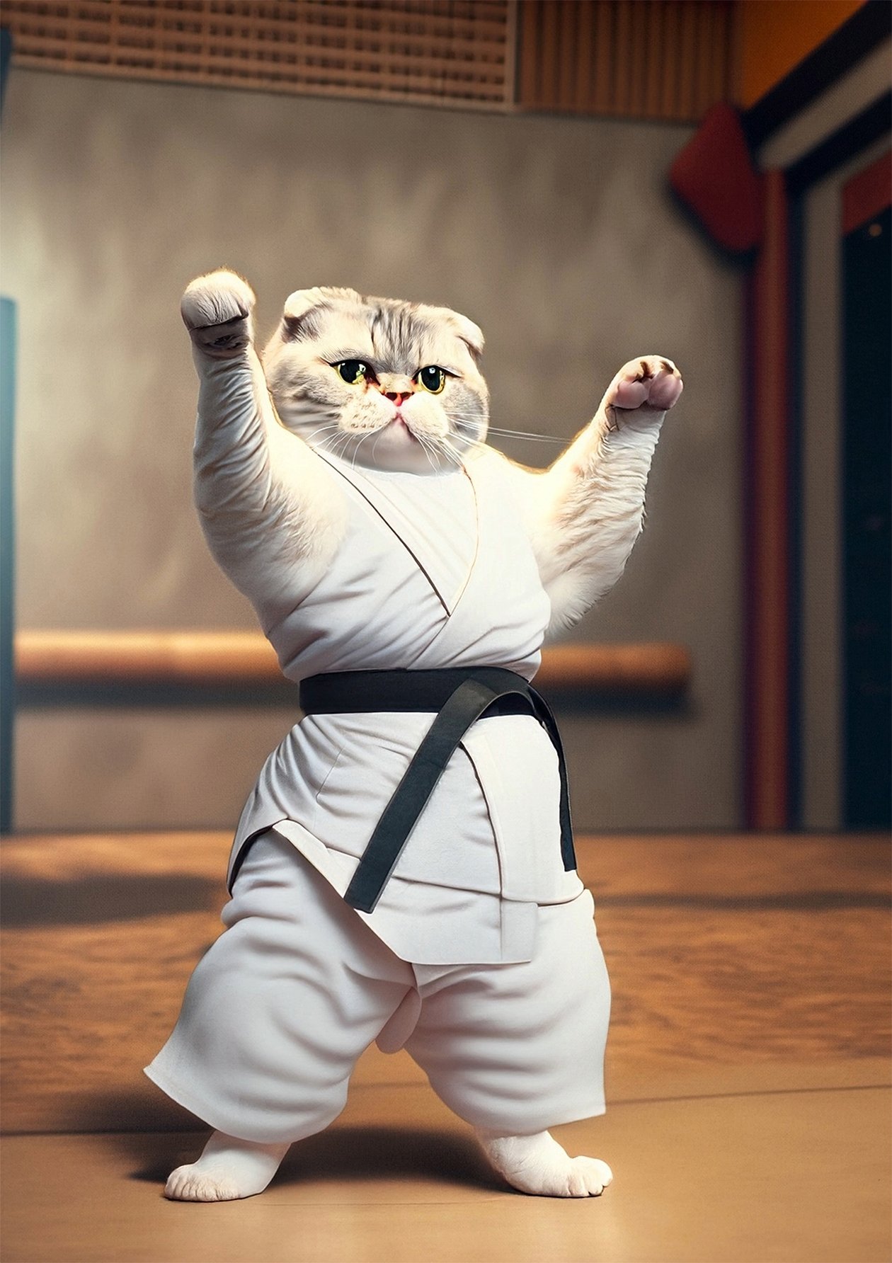 A Scottish Fold cat named Mac embarked on a martial arts journey to challenge the UFC champion, driven by purr-sistence. #CatFightDreams