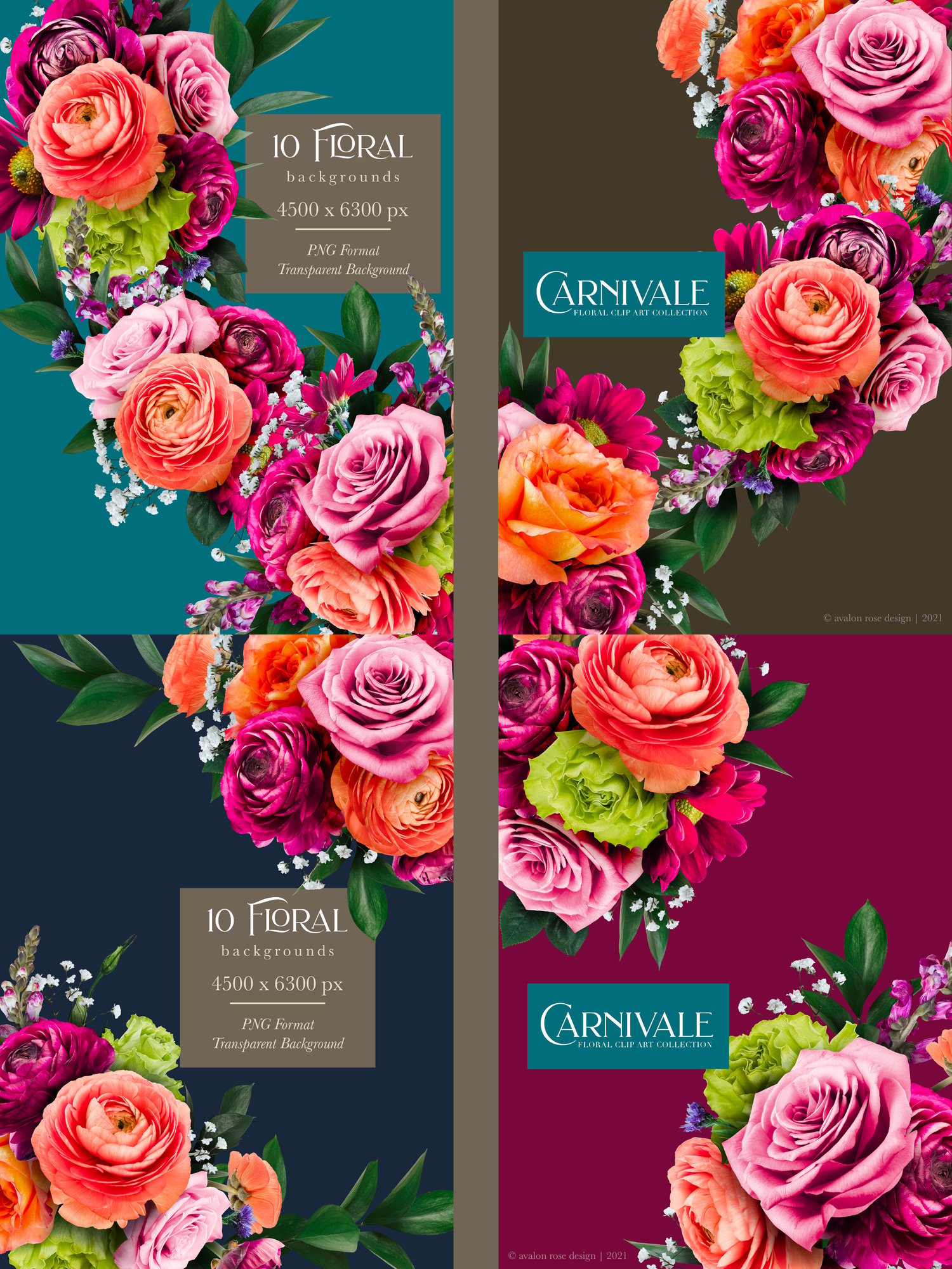 Carnivale floral graphics Pink, peach, coral, and burgundy flowers