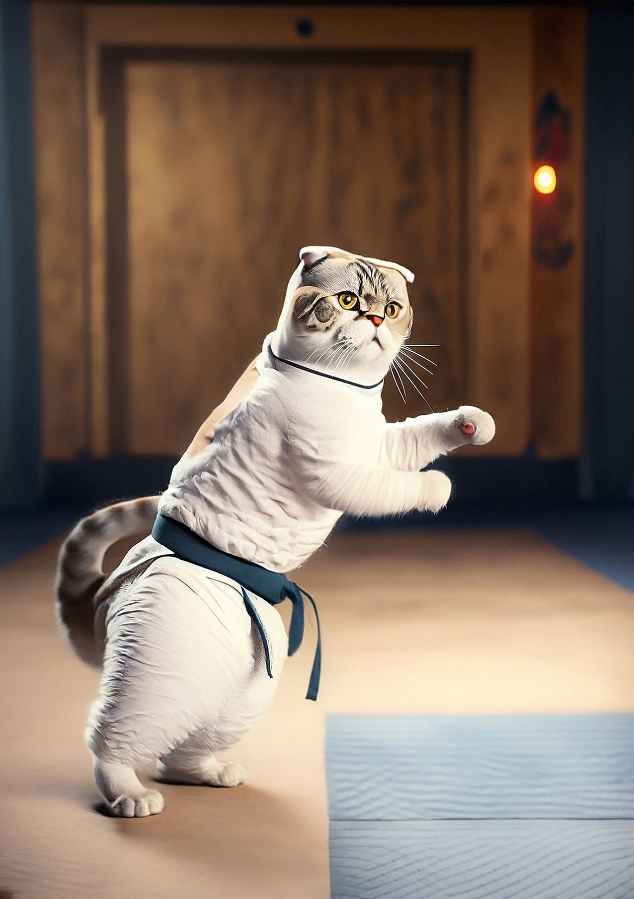 Moray, the Scottish Fold cat, embarks on a martial arts journey to challenge the UFC champ. Feline fury meets human skill!