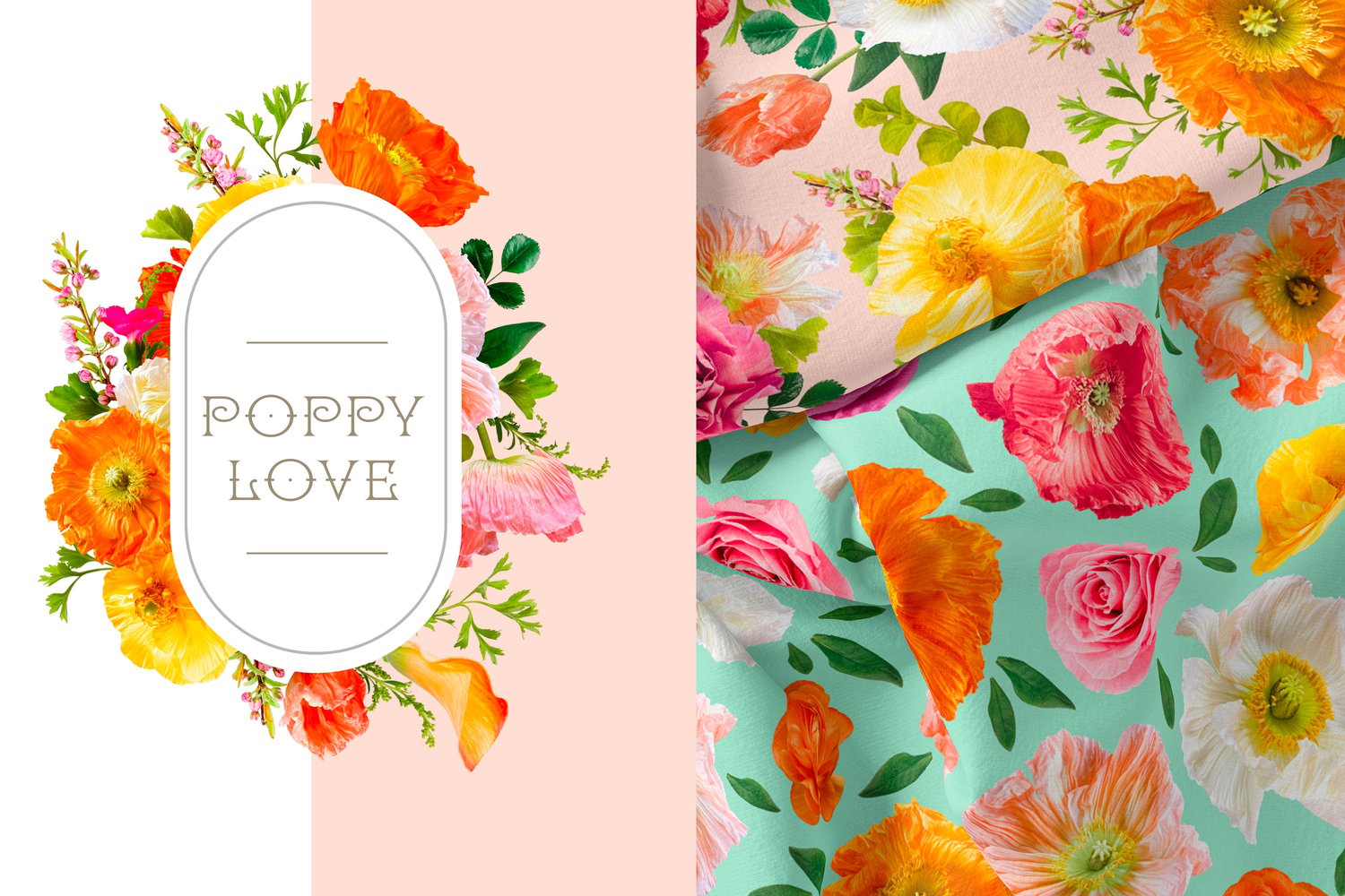 Poppy love floral digital graphics Pink, orange, yellow, and white poppies, roses, and ranunculus