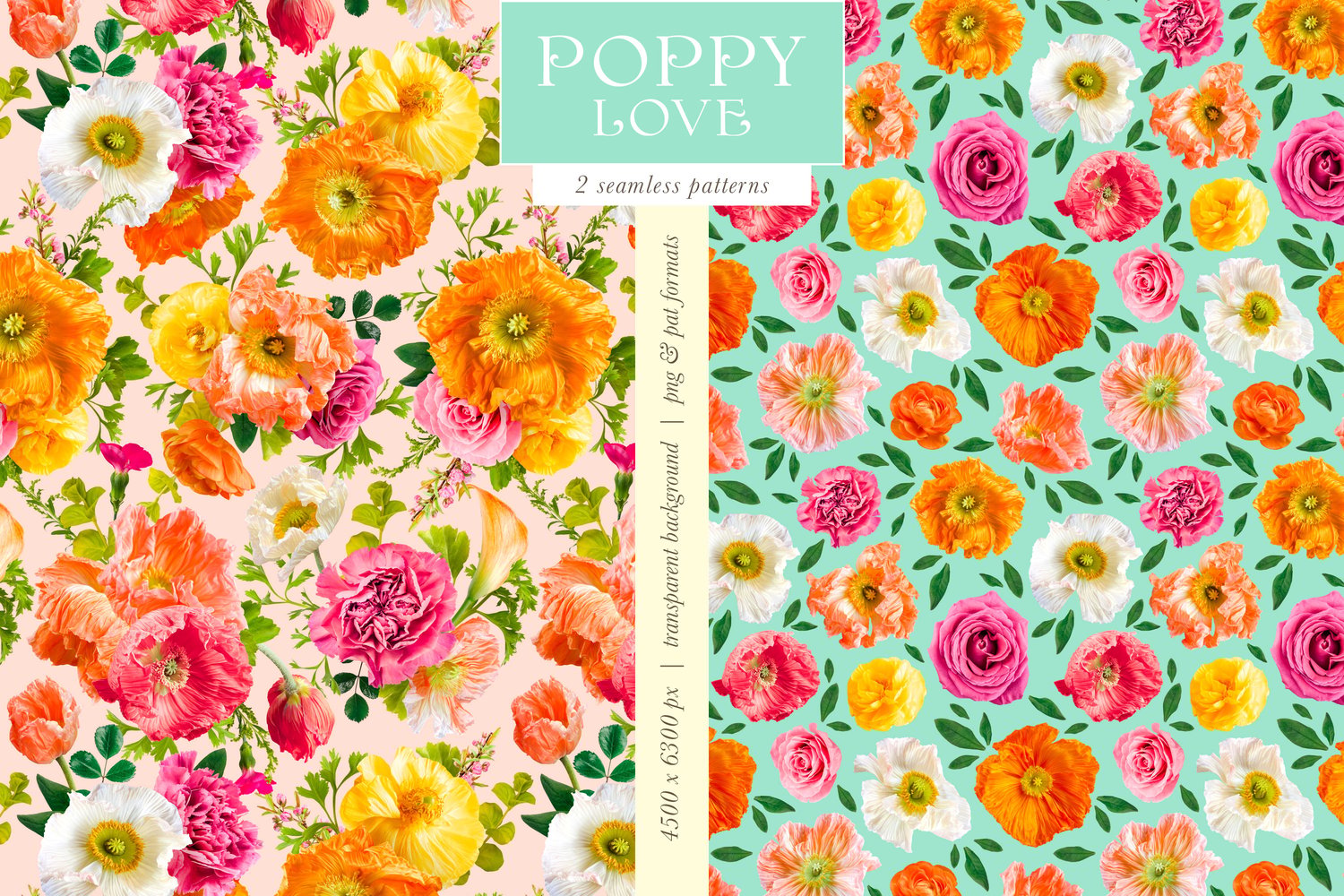 Poppy love floral digital graphics Pink, orange, yellow, and white poppies, roses, and ranunculus