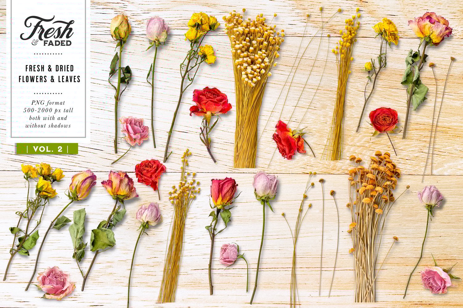 fresh and faded flowers roses, hydrangea, lilac, eucalyptus, tulips, peonies, lilies, almond blossom, delphinium, as well as several greenery options