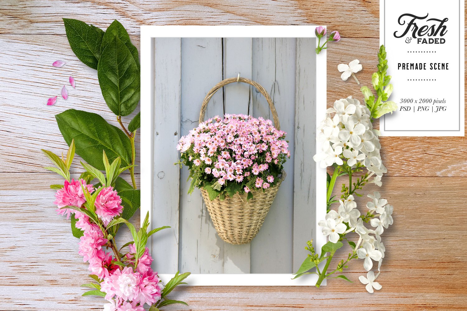 fresh and faded flowers roses, hydrangea, lilac, eucalyptus, tulips, peonies, lilies, almond blossom, delphinium, as well as several greenery options