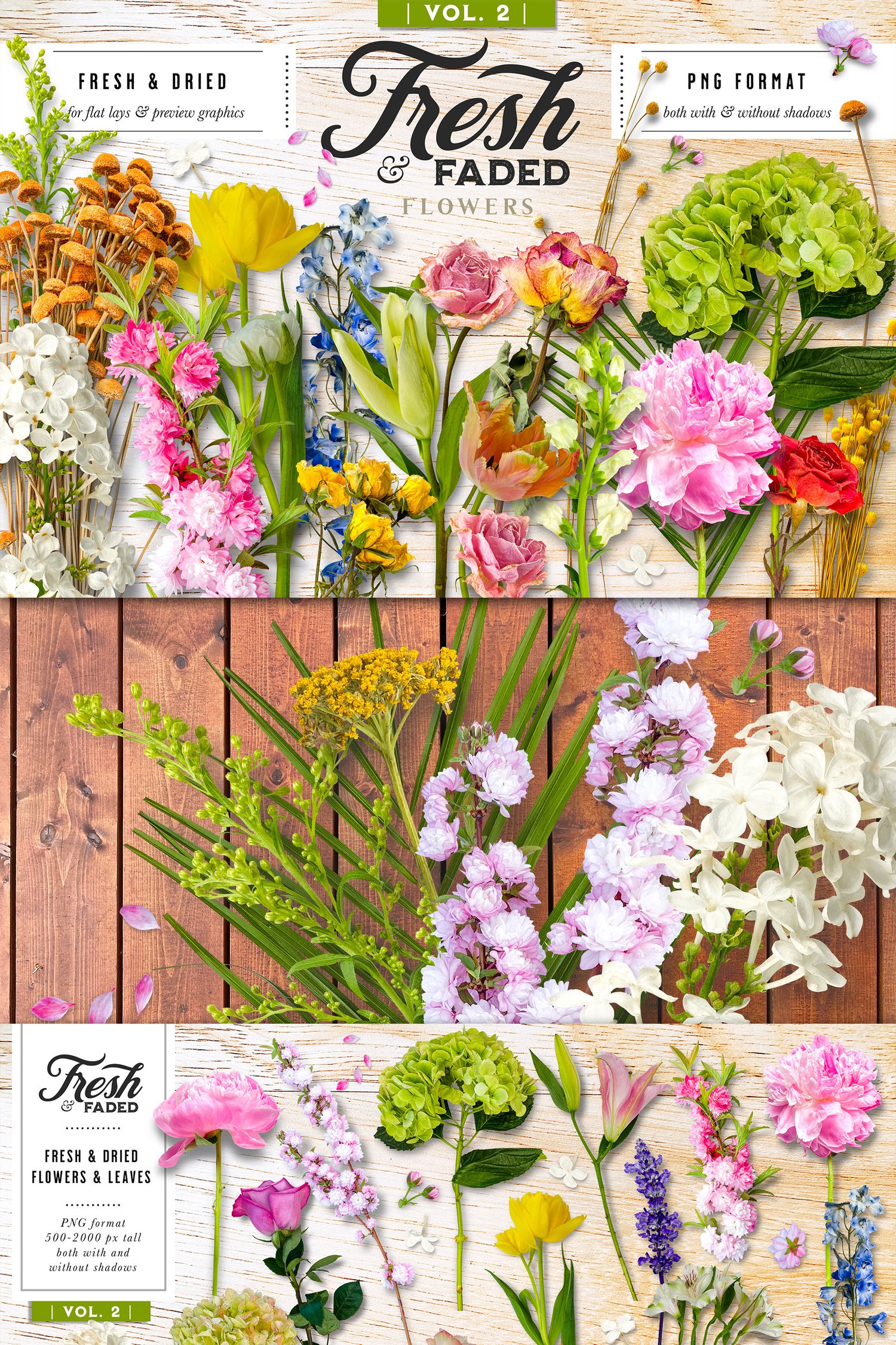 fresh and faded flowers roses, hydrangea, lilac, eucalyptus, tulips, peonies, lilies, almond blossom, delphinium, as well as several greenery options