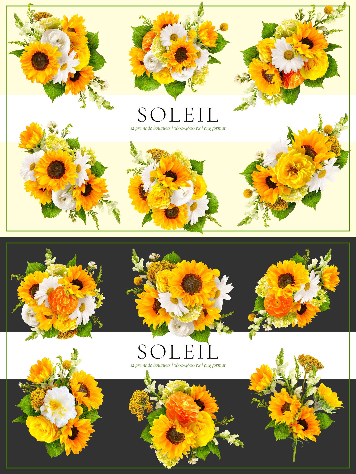 soleil floral graphics Sunflowers, white daisies, yellow roses, orange ranunculus, and snapdragons