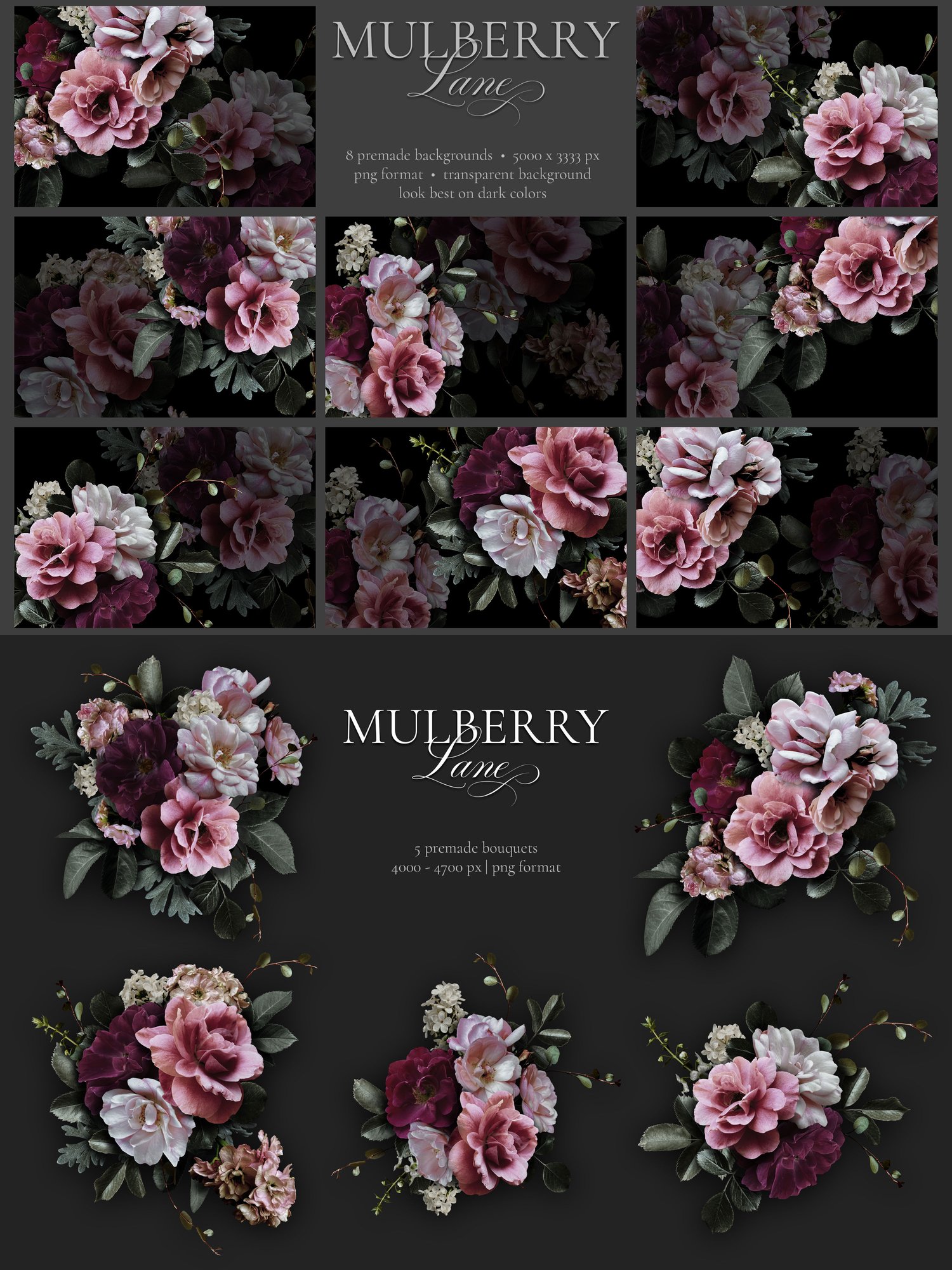 Mulberry lane floral art graphics Pink and burgundy roses and white lilac