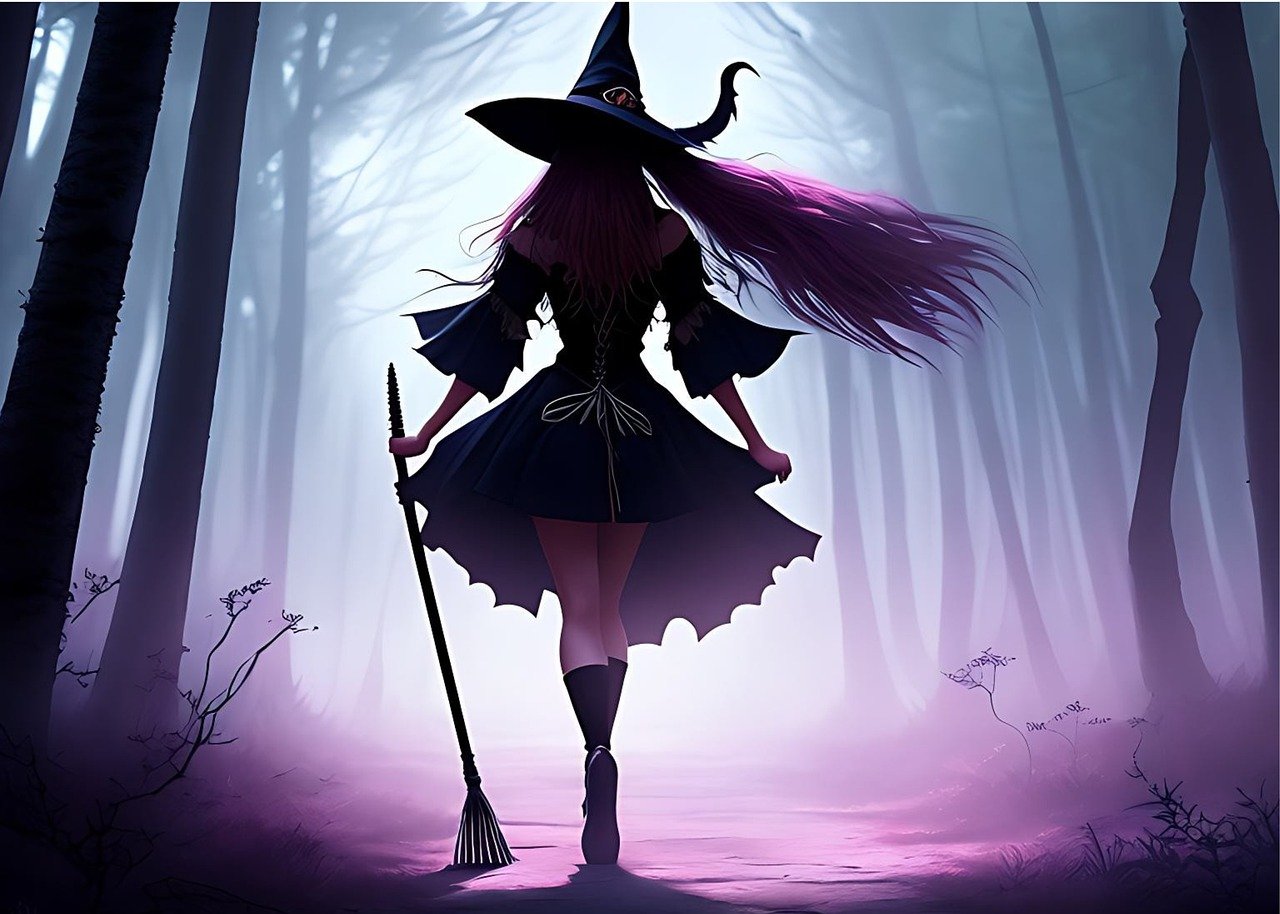 Witch in the foggy woods