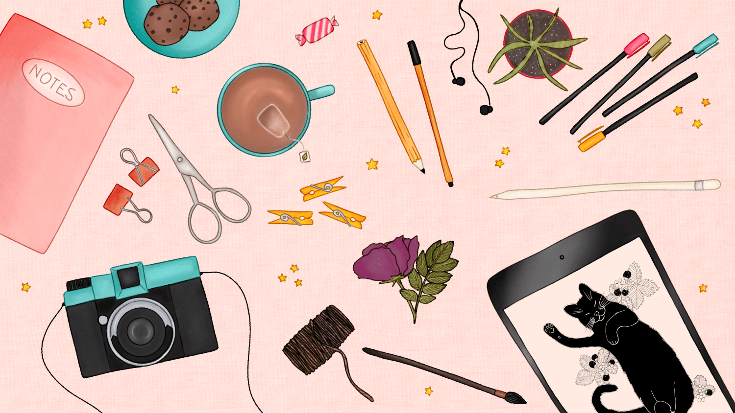 An illustration of assorted things over a soft textured pink background pictured as in a flatlay photo. The things include a pink notebook with word NOTES on the cover, chocolate chip cookies, a candy in red and white wrapper, earphones, a succulent (maybe aloe) plant, a teal mug of tea with a teabag still in the mug, a pencil, black pen, markers (pink, green, teal, yellow), orange paper clips, scissors, yellow clothespins, a white tablet pencil, a teal and black retro style camera, a dried rose, thick brownish yarn, a watercolour brush and a tablet with a black and white drawing of a cat laying on its back surrounded by wild strawberry plants with right front paw up as in waving with a content expression on its face. By Mervi Emilia Eskelinen