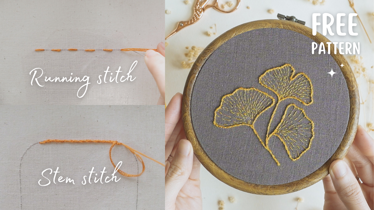Running Stitch and Stem Stitch, A Step-by-Step Guide with a FREE Ginkgo Leaves Embroidery Pattern