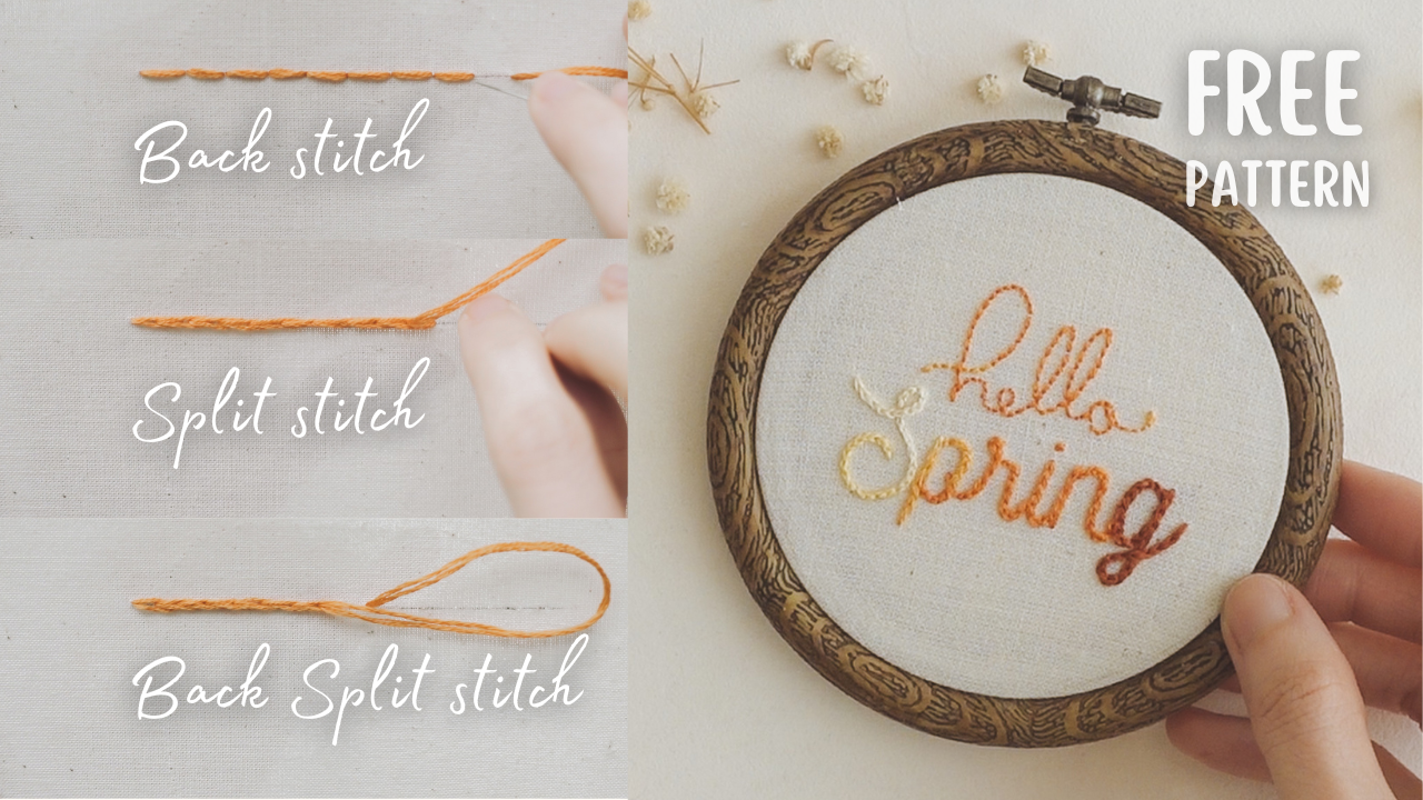 how to back stitch, split stitch, back split stitch, and practice with free embroidery pattern