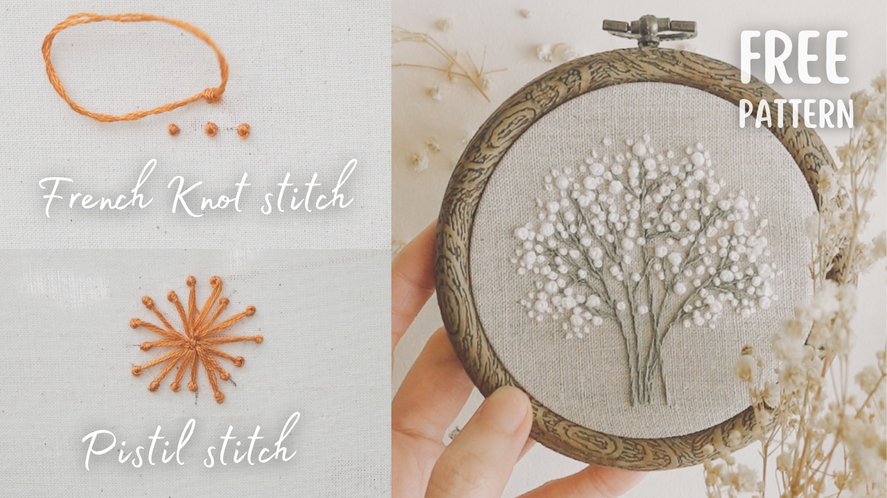 French Knot stitch and Pistil stitch, A Step-by-Step Guide with FREE Baby's Breath Flowers embroidery pattern