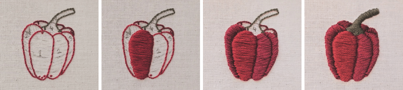 step by step bell pepper satin stitch free embroidery pattern