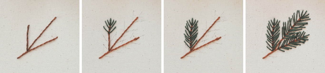 fly stitch pine needle leaf embroidery step by step