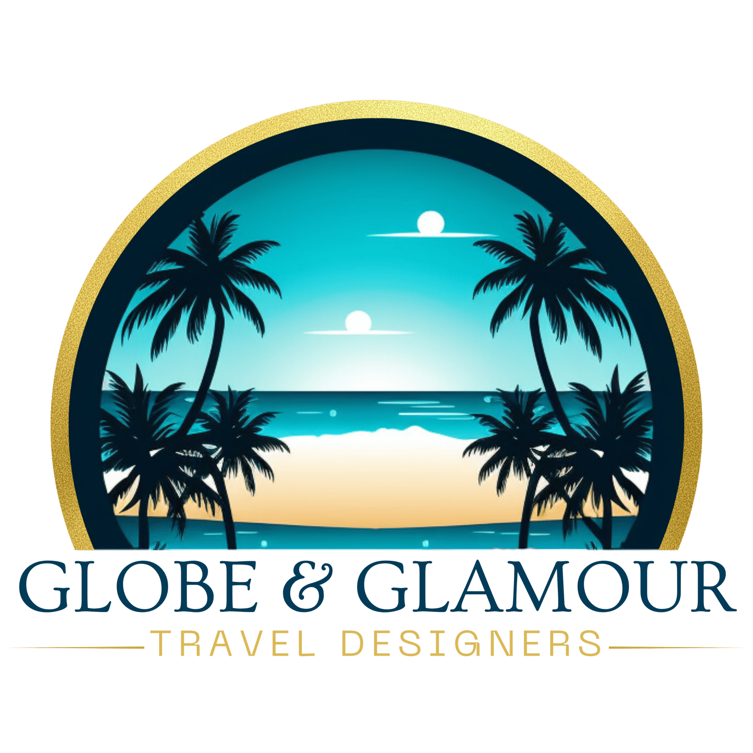 Globe and Glamour Travel designers logo with a circle and beach with palm trees