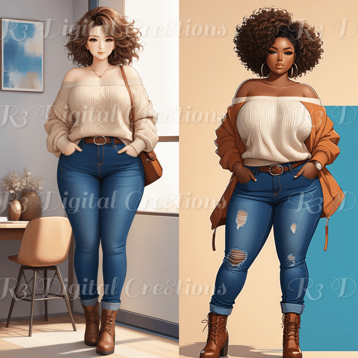 Curvy Girl Clipart, Fashion Girl Clipart, Denim Outfit Clipart, Afro Girls  Clipart, Plus Size PNG, Fashion Illustration, Digital Download 