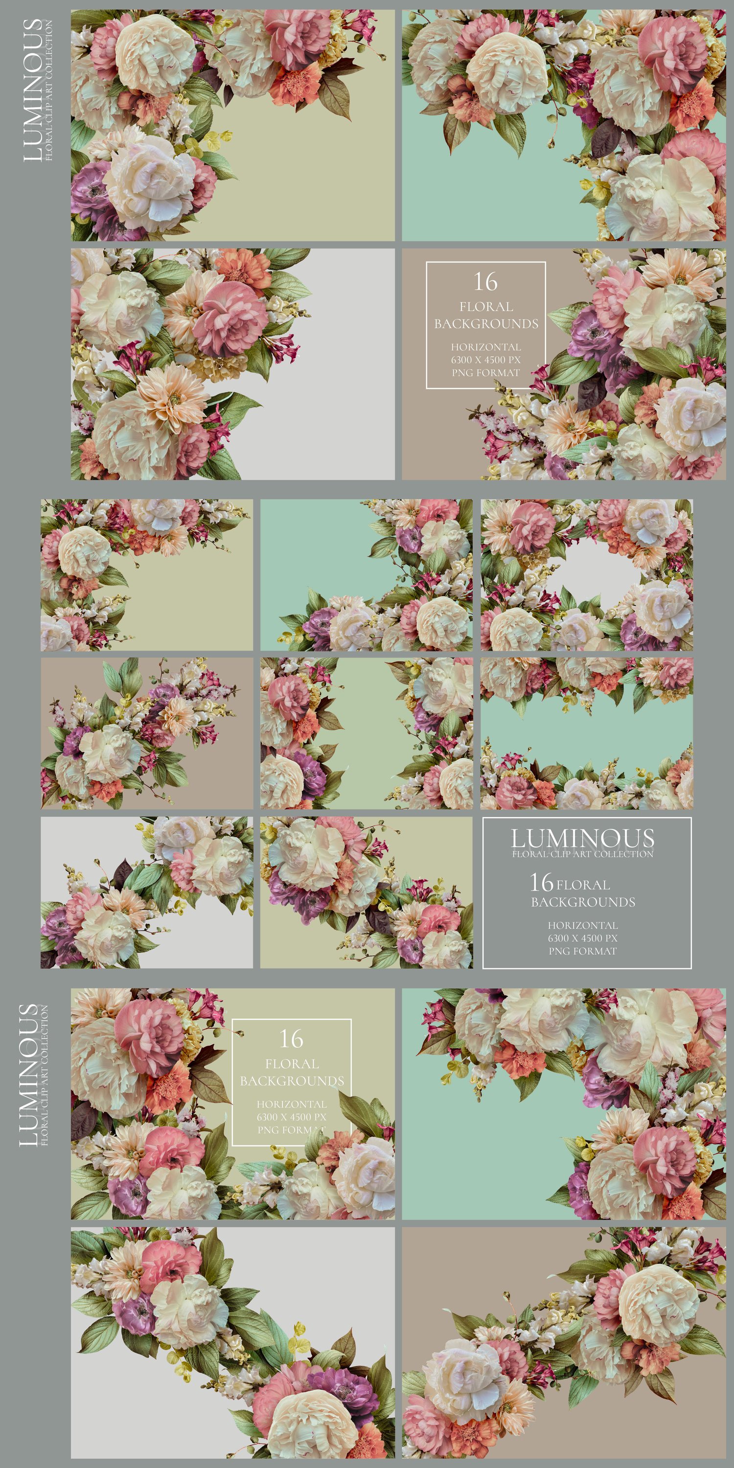 Luminous floral clip art Pink, peach, coral, and white flowers