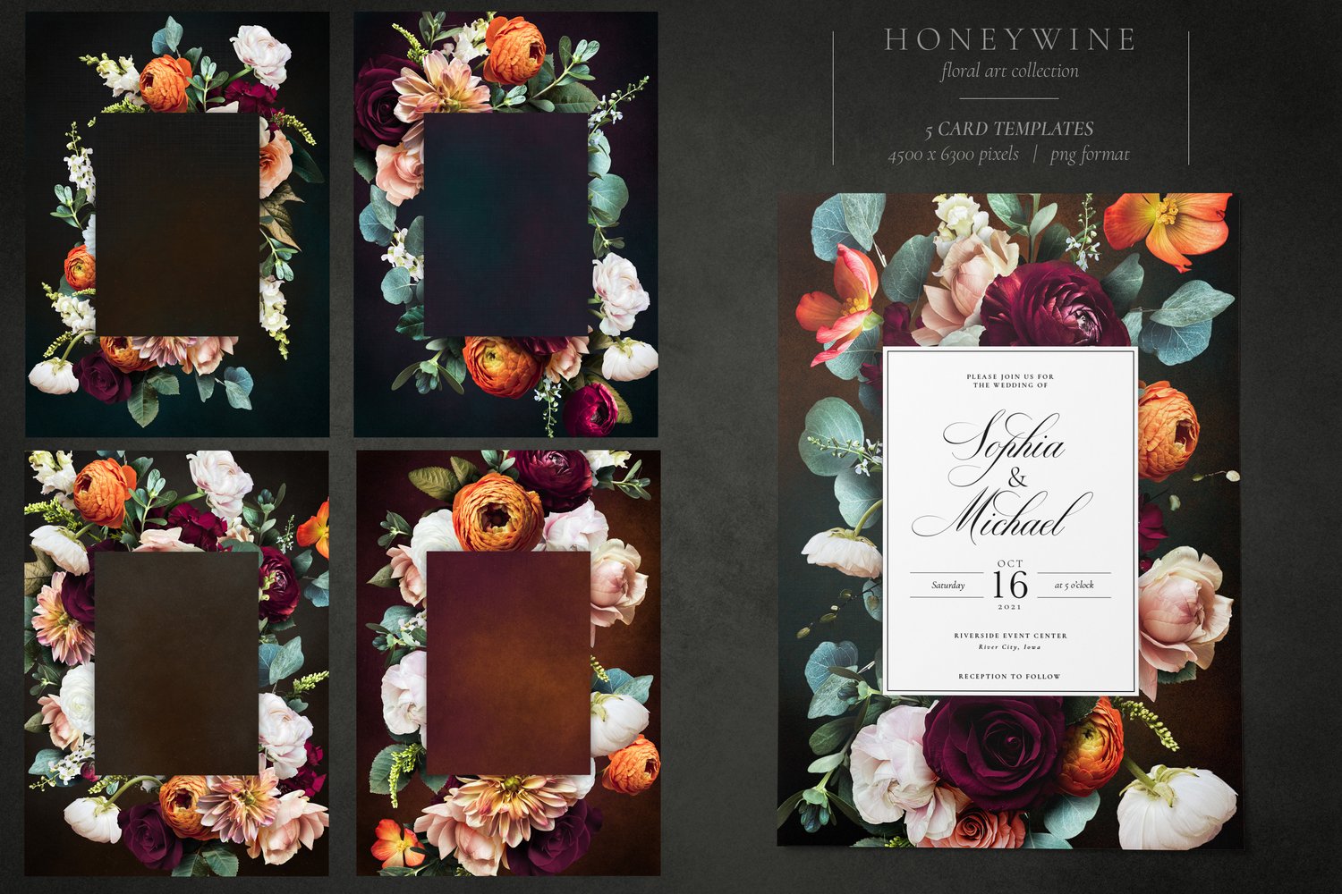 Honeywine floral art collection Roses, ranunculus, dahlias, snapdragons, and begonias in burgundy, orange, white, and pink