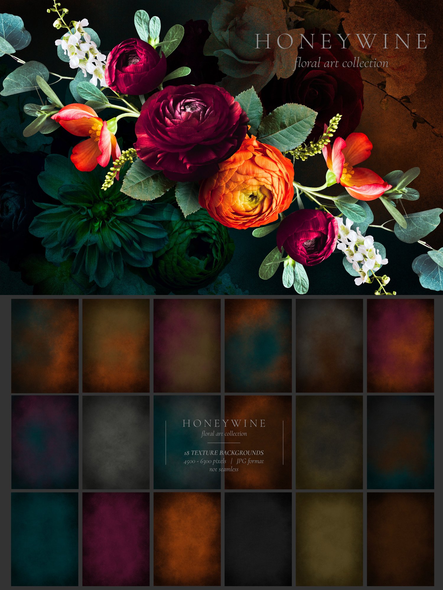 Honeywine floral art collection Roses, ranunculus, dahlias, snapdragons, and begonias in burgundy, orange, white, and pink
