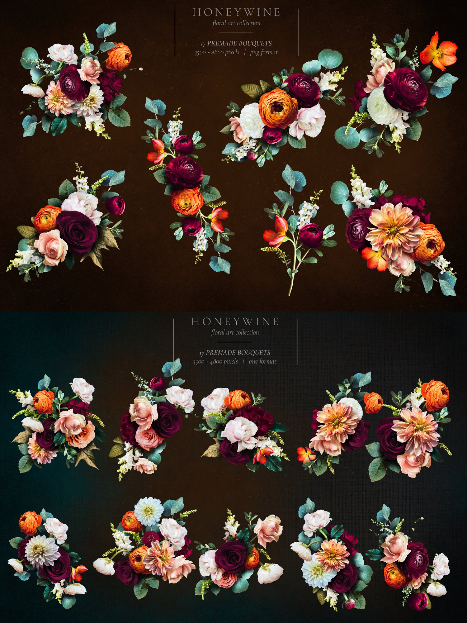 Honeywine floral art collection Roses, ranunculus, dahlias, snapdragons, and begonias in burgundy, orange, white, and pink