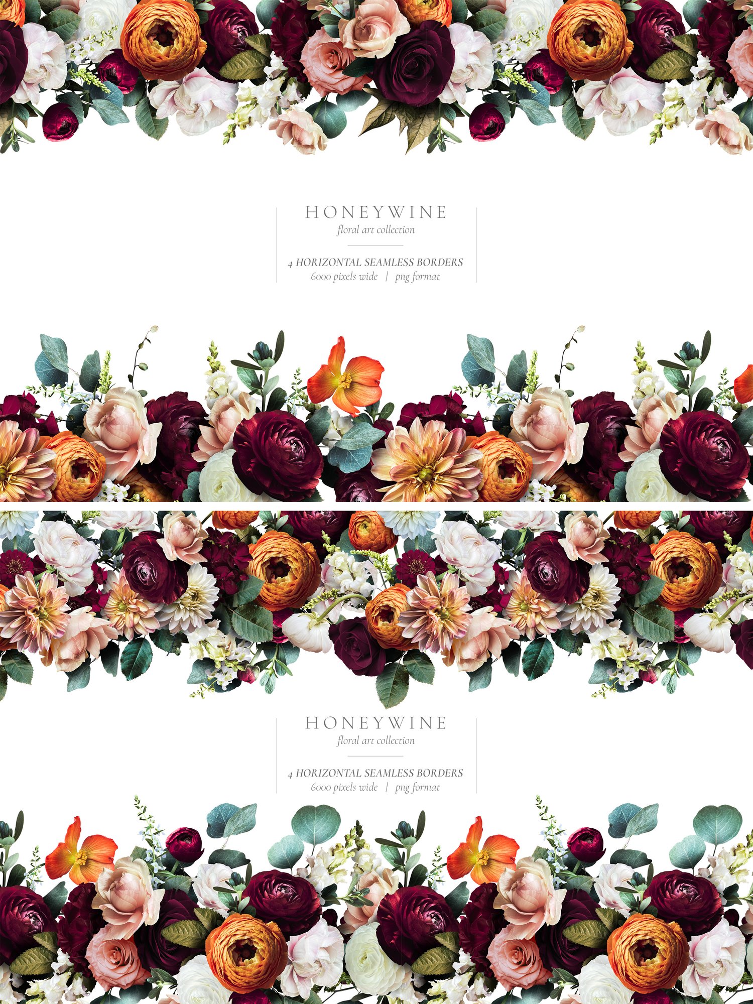 Honeywine floral art collection Roses, ranunculus, dahlias, snapdragons, and begonias in burgundy, orange, white, and pink