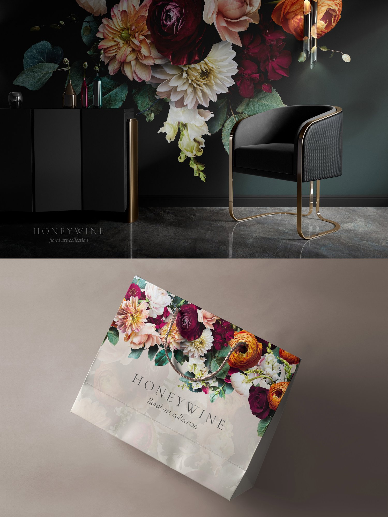 Honeywine floral art collection Roses, ranunculus, dahlias, snapdragons, and begonias in burgundy, orange, white, and pink