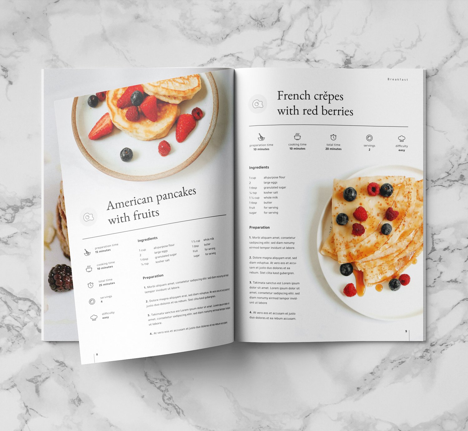 Mockup of a spread on marble background, showing two recipies: american pancake and crepes with berries