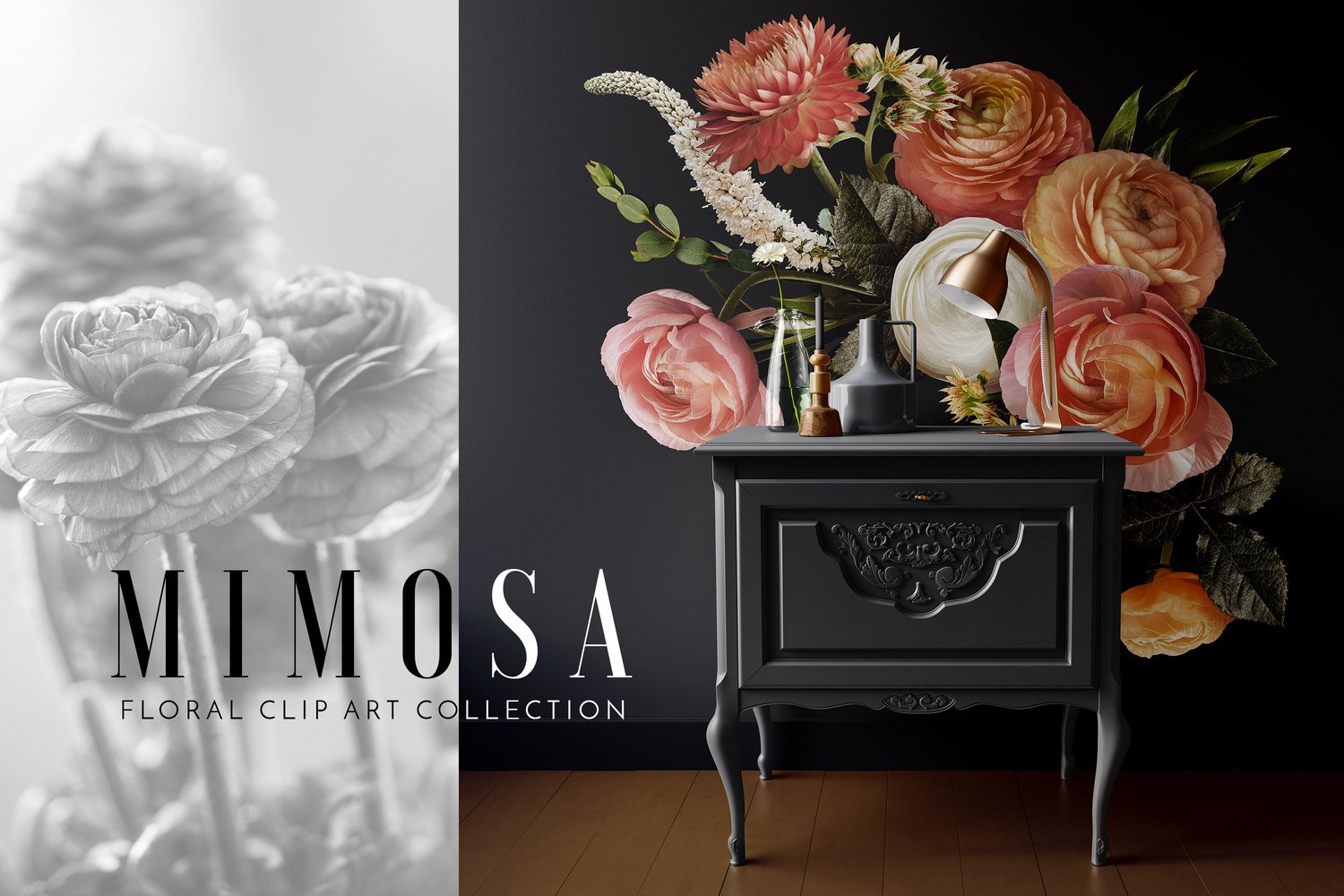 Roses, ranunculus, strawflowers in coral, cream, orange, yellow, white and pink