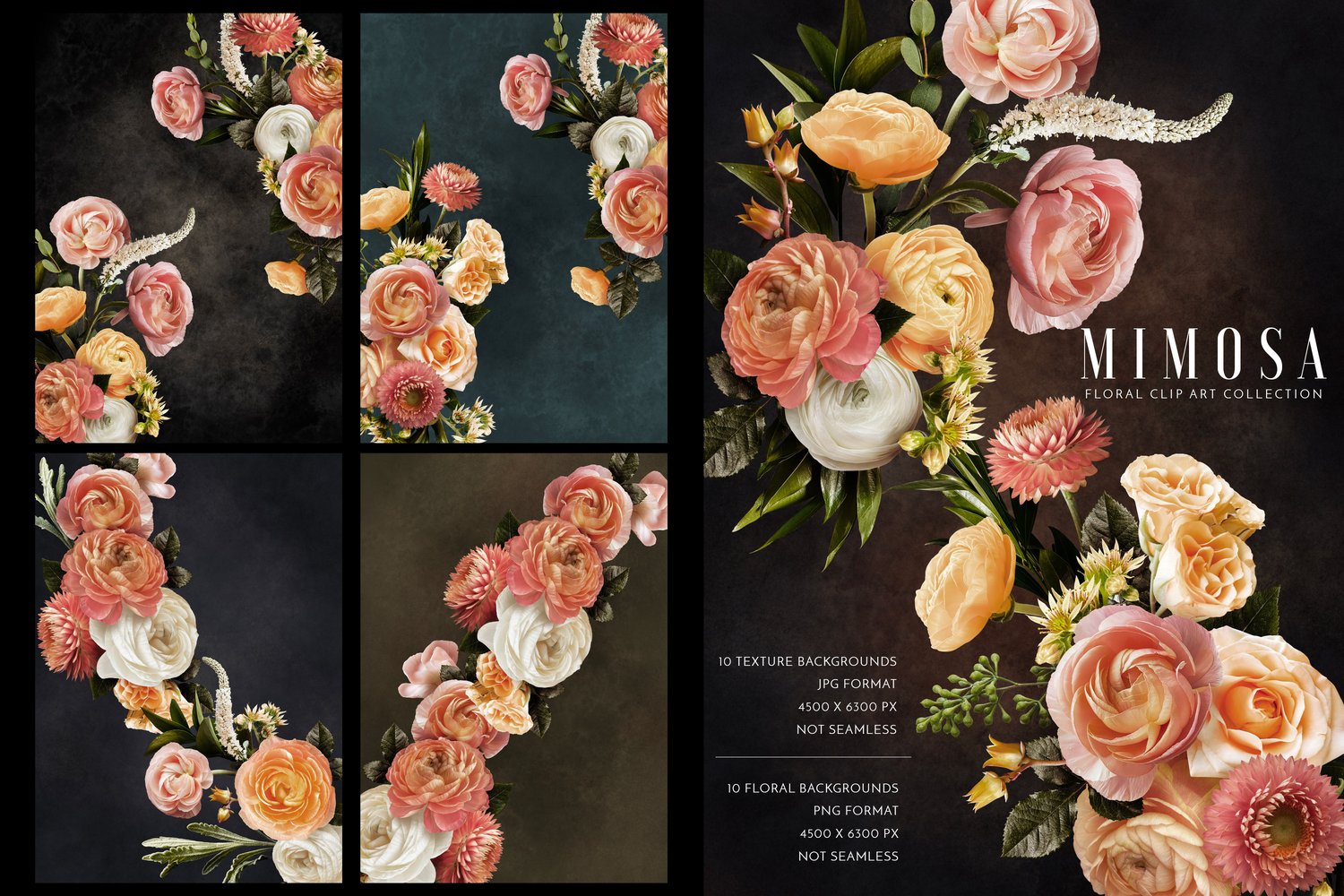 Roses, ranunculus, strawflowers in coral, cream, orange, yellow, white and pink
