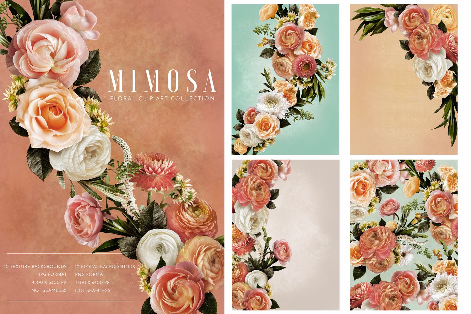 Roses, ranunculus, strawflowers in coral, cream, orange, yellow, white and pink
