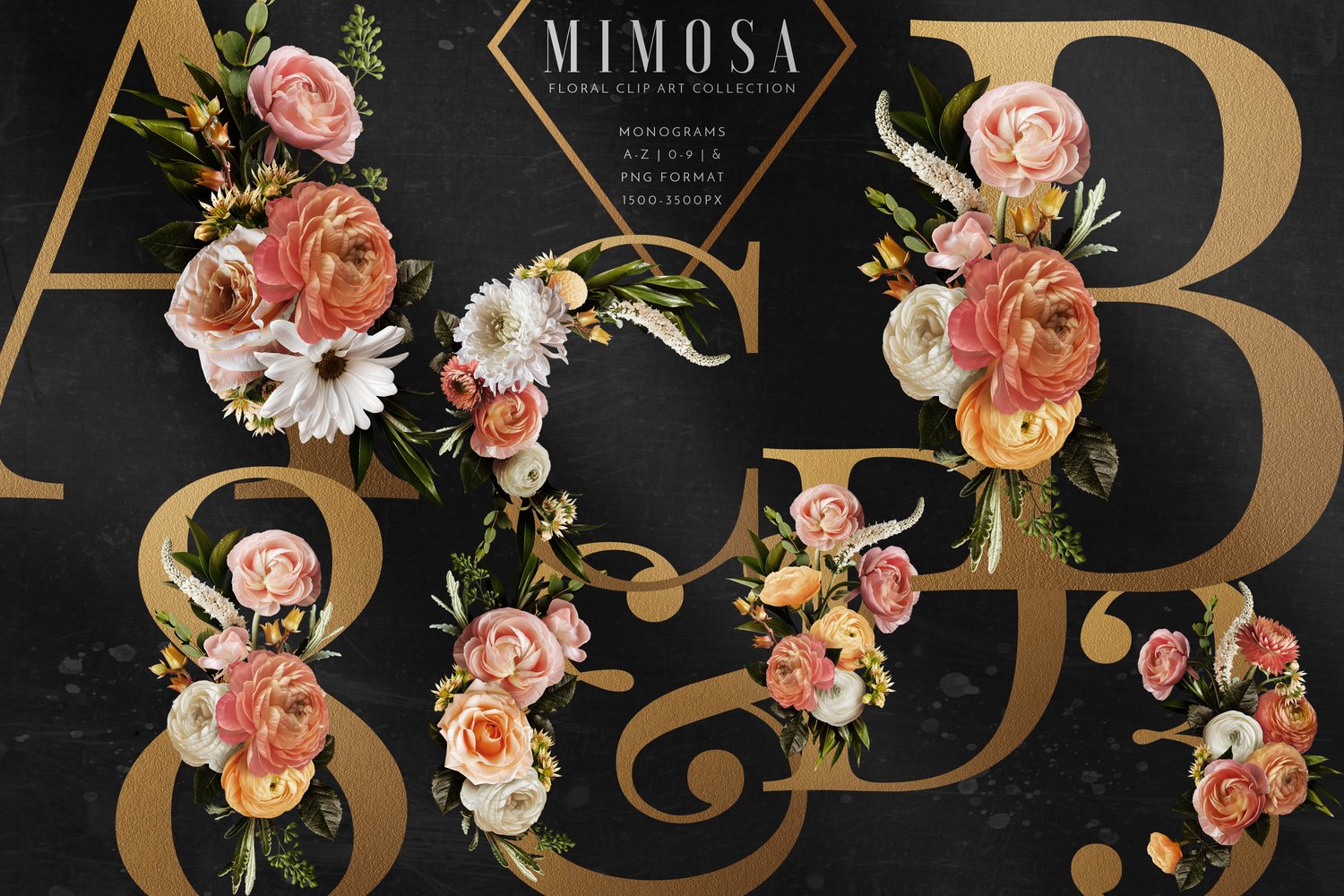 Roses, ranunculus, strawflowers in coral, cream, orange, yellow, white and pink