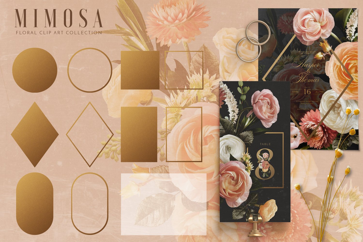 Roses, ranunculus, strawflowers in coral, cream, orange, yellow, white and pink