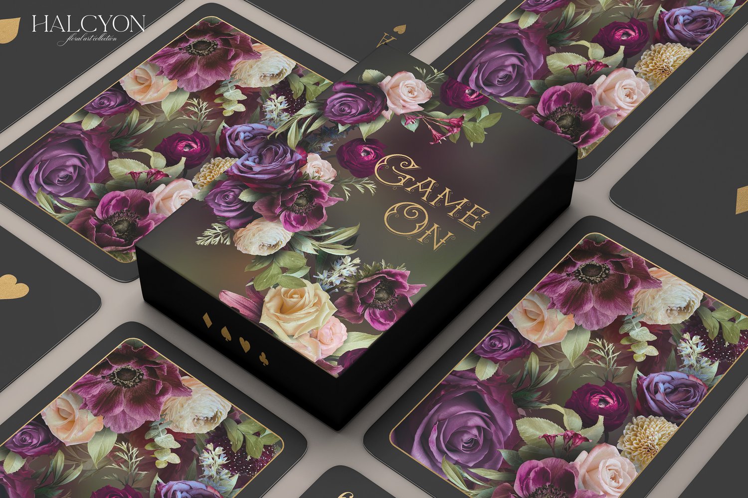 Halcyon floral graphics. Roses, ranunculus, mums, anemones, lilies, and begonias in deep purple, violet, burgundy, cream, and pink