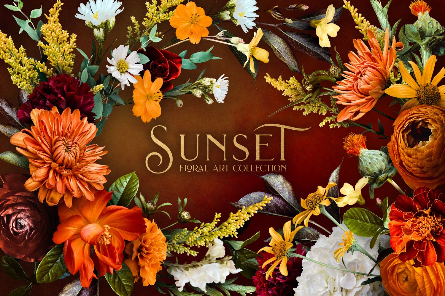 Autumn floral sunset graphics Roses, ranunculus, marigolds, cosmos, dahlia, snapdragons, and begonias in orange, gold, burgundy, and white