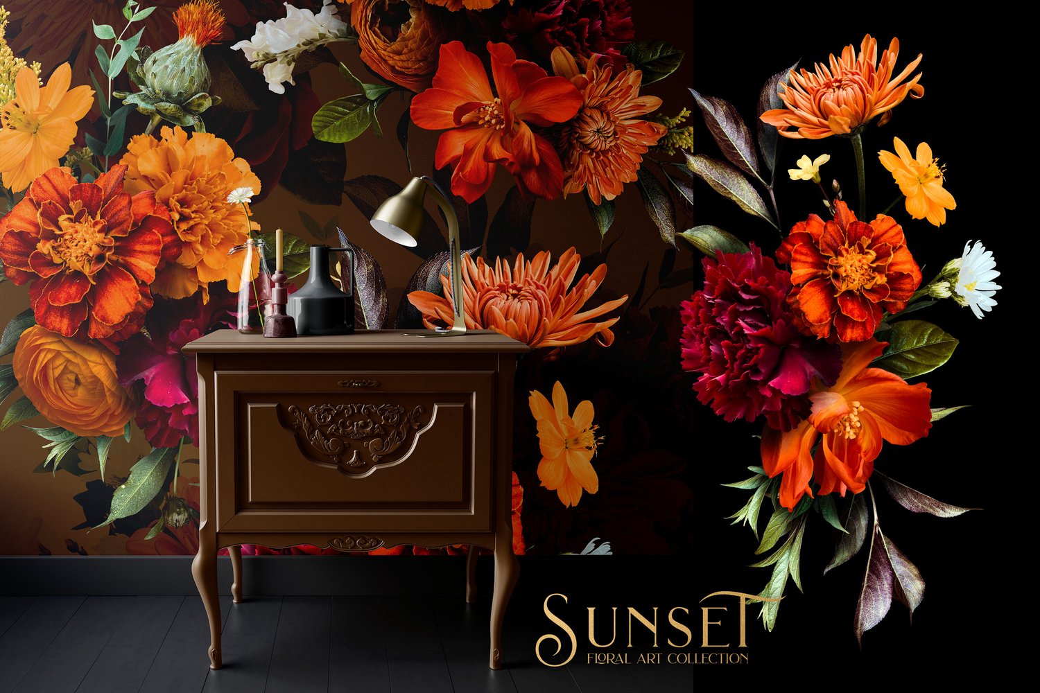 Autumn floral sunset graphics Roses, ranunculus, marigolds, cosmos, dahlia, snapdragons, and begonias in orange, gold, burgundy, and white