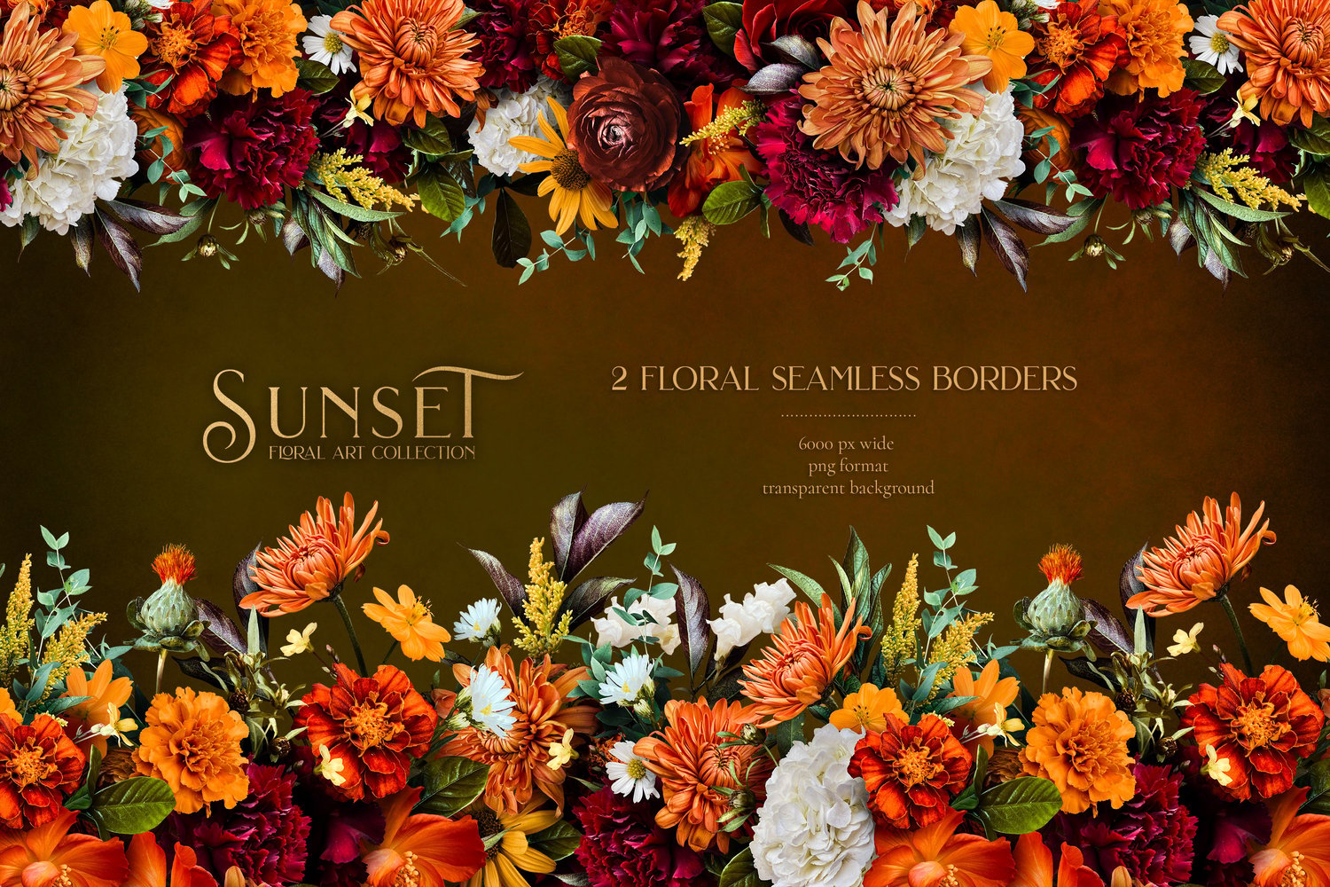 Autumn floral sunset graphics Roses, ranunculus, marigolds, cosmos, dahlia, snapdragons, and begonias in orange, gold, burgundy, and white
