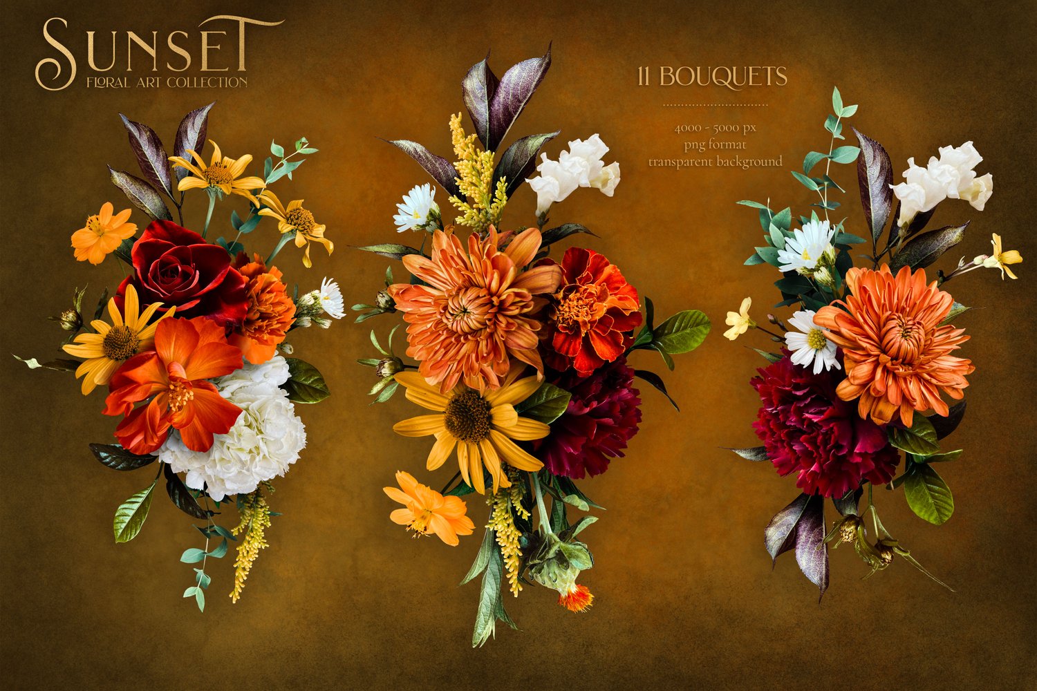 Autumn floral sunset graphics Roses, ranunculus, marigolds, cosmos, dahlia, snapdragons, and begonias in orange, gold, burgundy, and white