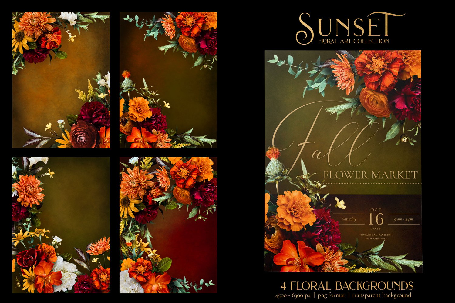 Autumn floral sunset graphics Roses, ranunculus, marigolds, cosmos, dahlia, snapdragons, and begonias in orange, gold, burgundy, and white